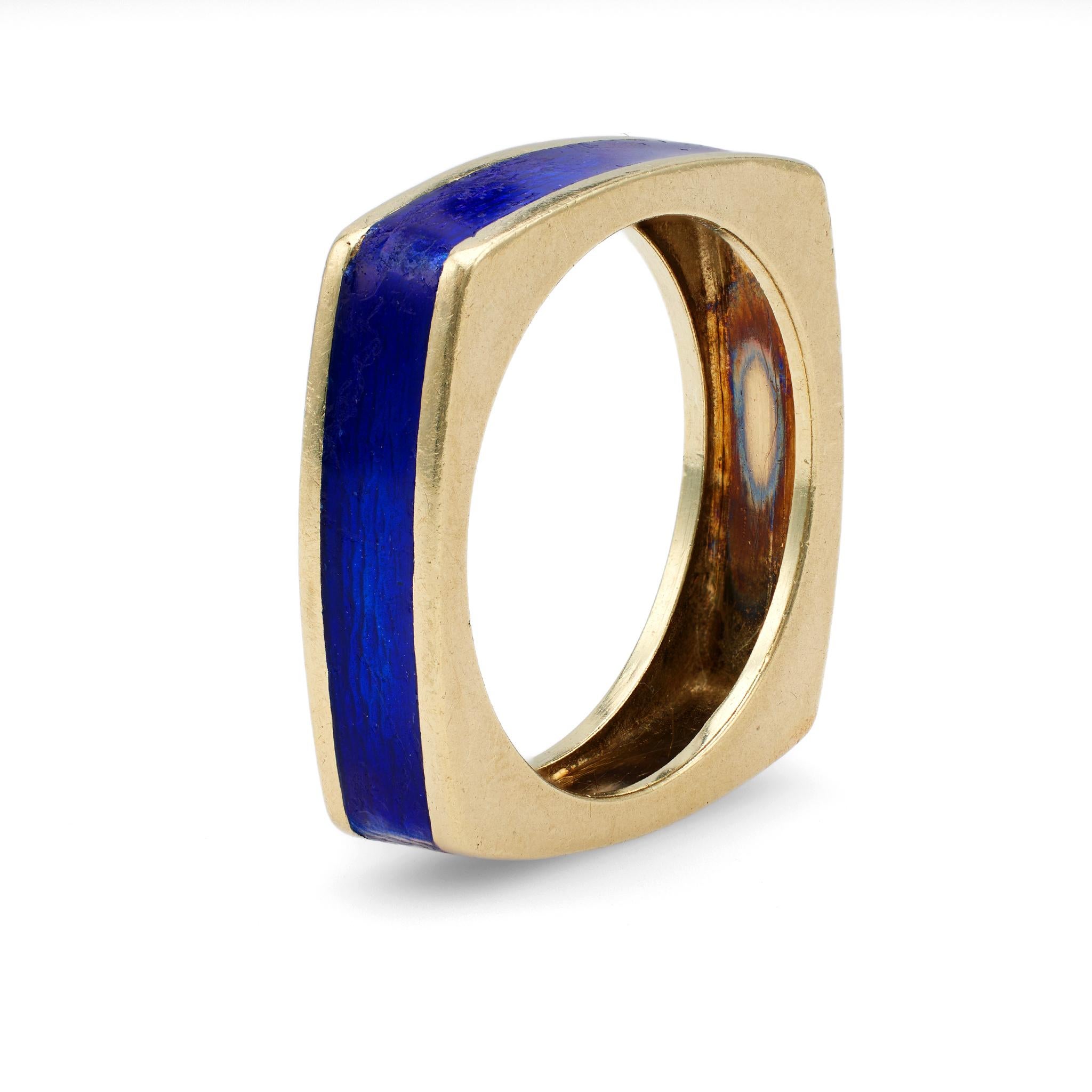 Women's or Men's Vintage Boris LeBeau Blue Enamel 14k Yellow Gold Ring