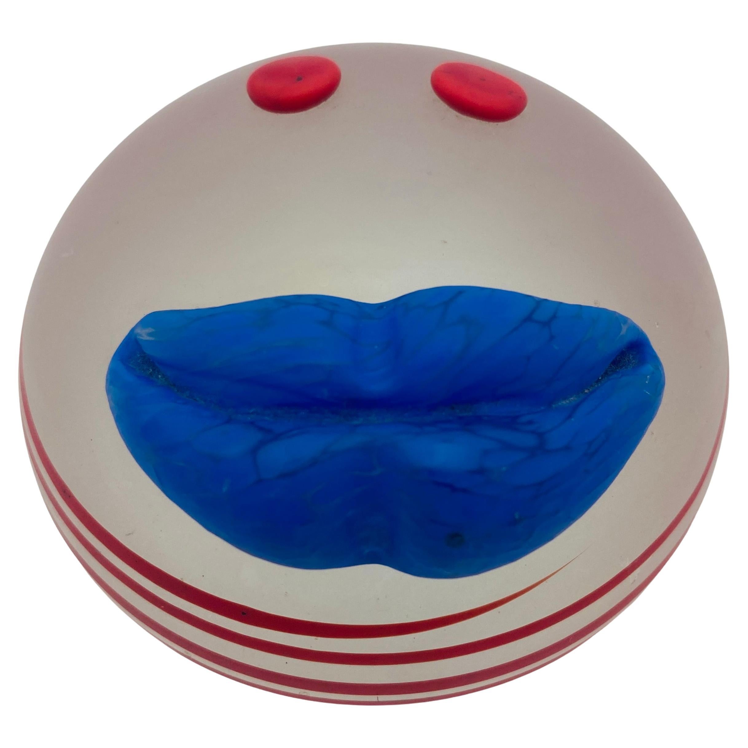 Vintage Borowski Studio Glass Smiley Face Paperweight Sculpture, Poland 1980s