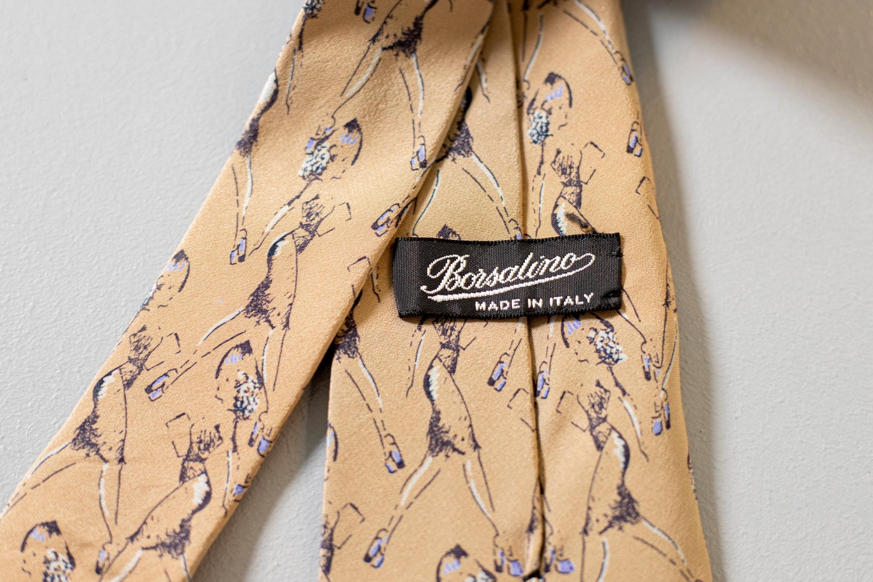 Beige Vintage Borsalino 100% silk tie with drawings of a woman For Sale
