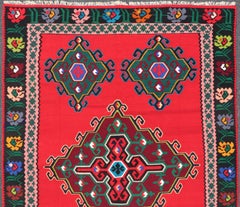 Vintage Bosnia Kilim Rug with Vibrant Red Field, Deep Green an Blue 6'8 x 9'11