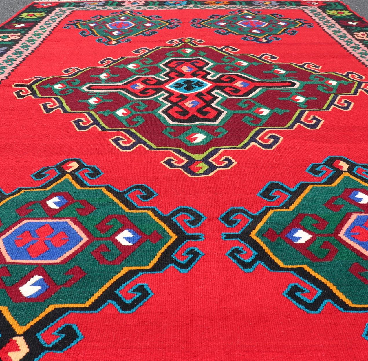 Alfombra Vintage Bosnia Kilim con Campo Rojo Vibrante, Verde Profundo y Azul 6'8 x 9'11 Lana en venta