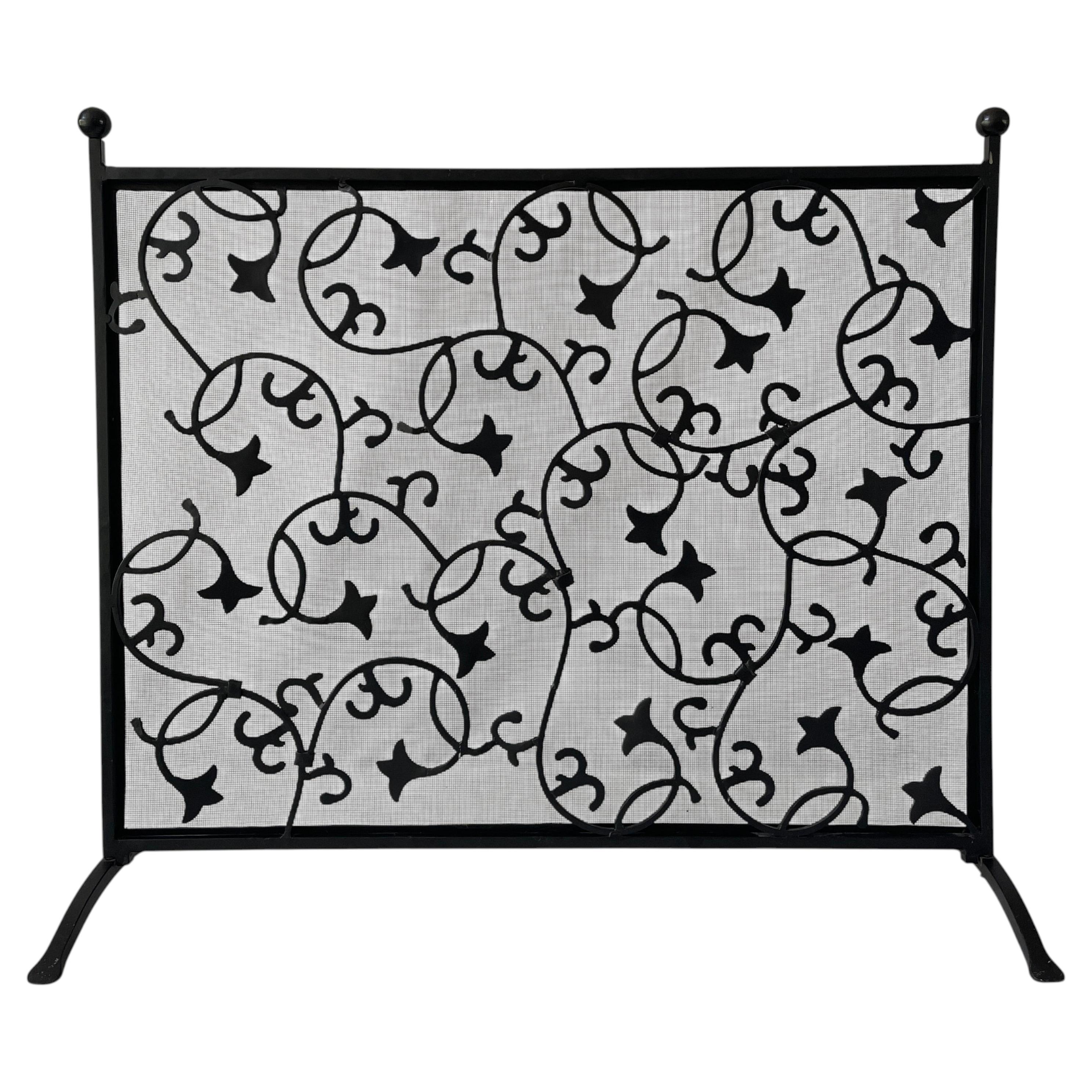 Vintage Botanical Ivy Scroll Design Blackened Steel Fireplace Screen