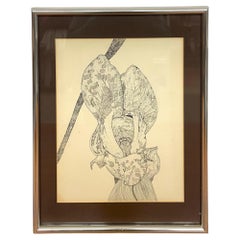 Vintage Botanical Pen and Ink Drawing of Orchid Blossom, Framed Black and White