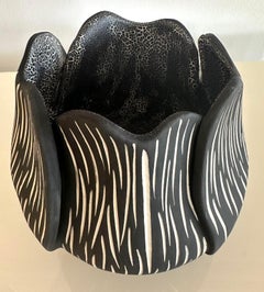 Vintage Botanical Textured Ceramic Vase With Crackle Glaze Interior