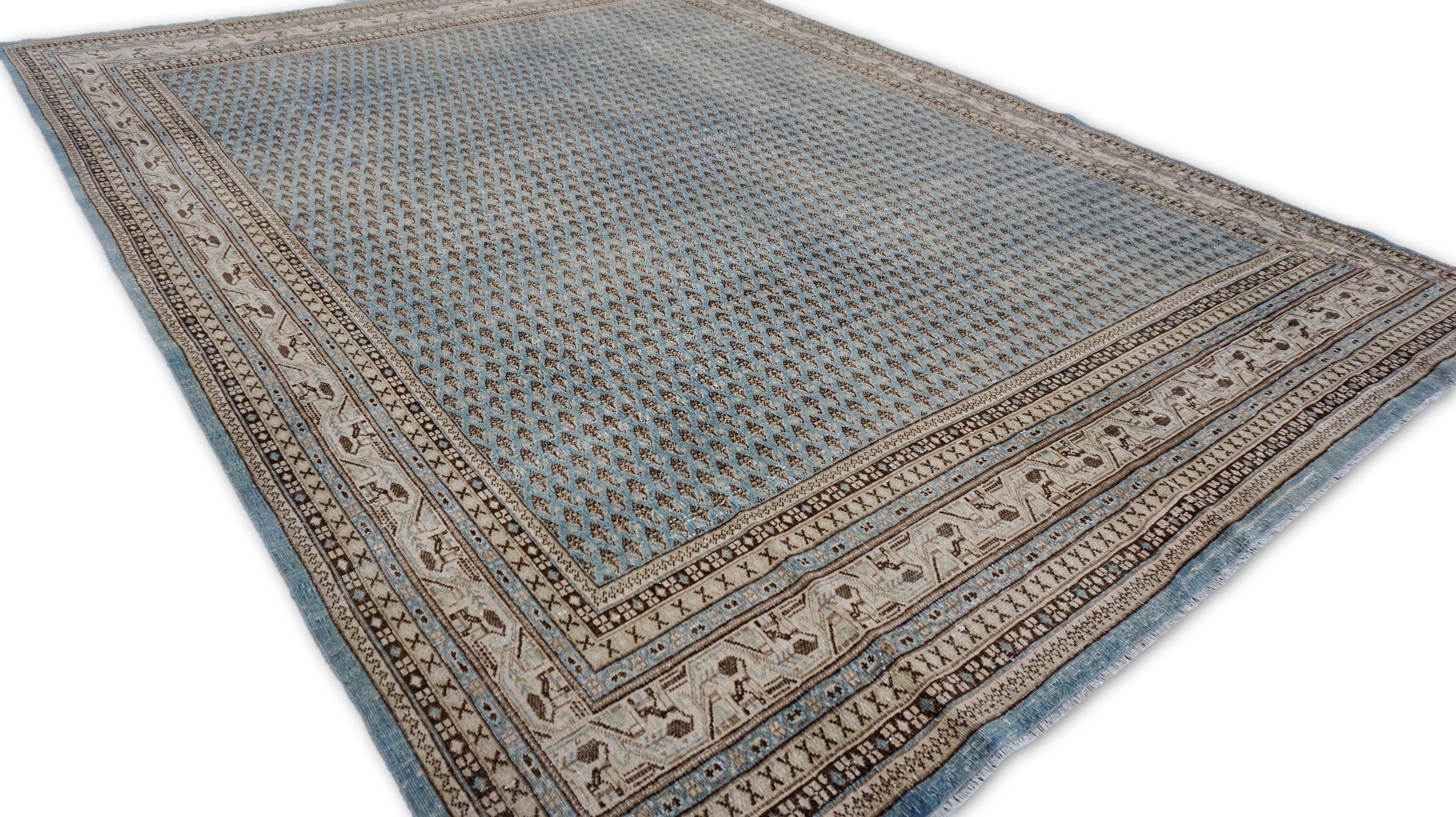 Alfombra Vintage Boteh Azul Beige Lana 8'x11'' Persa en venta