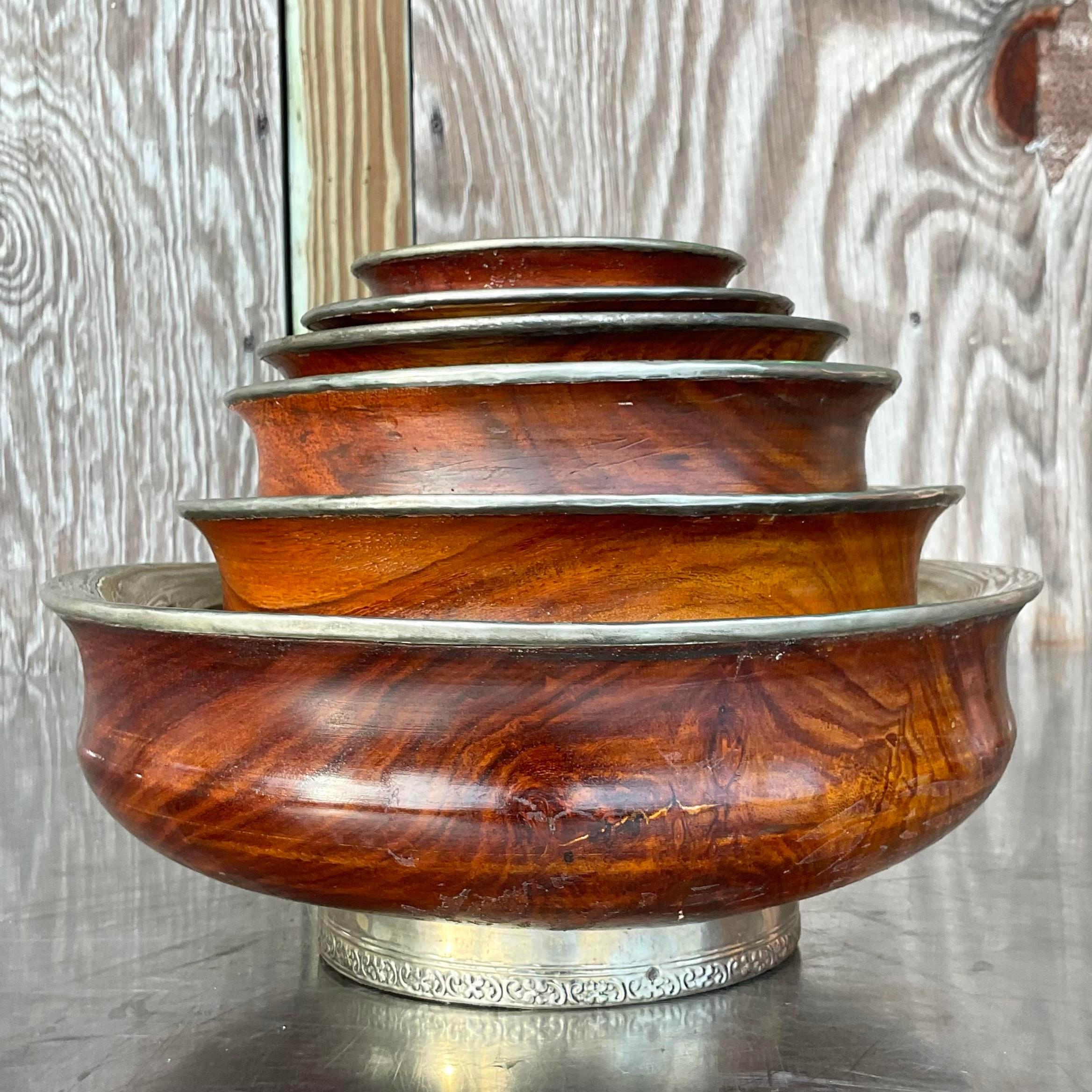 Philippine Vintage Both Stacked Teak and Nickel Bowls - Set of 5 For Sale