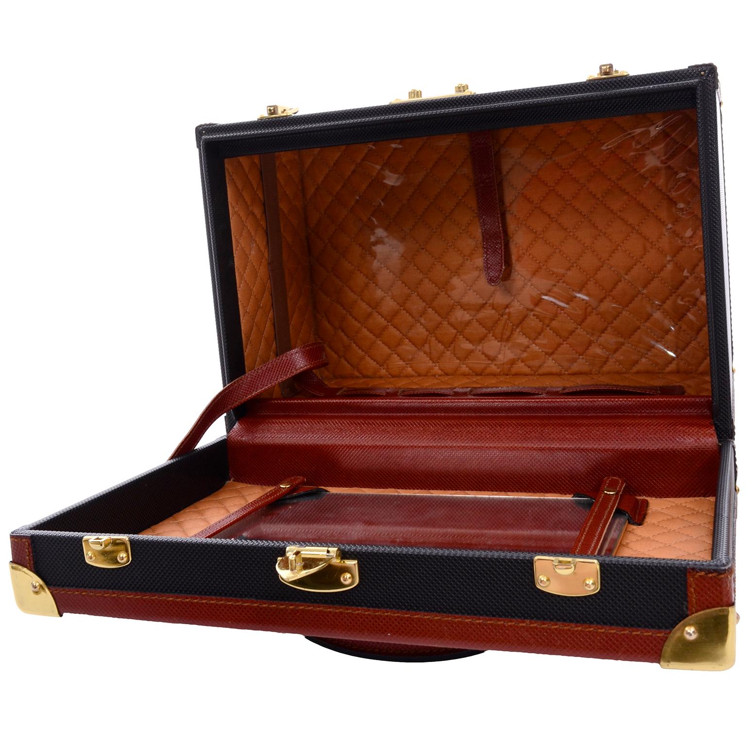 Vintage Bottega Veneta Black Cosmetic Train Case W/ Tan Leather Trim Keys & Bag 4