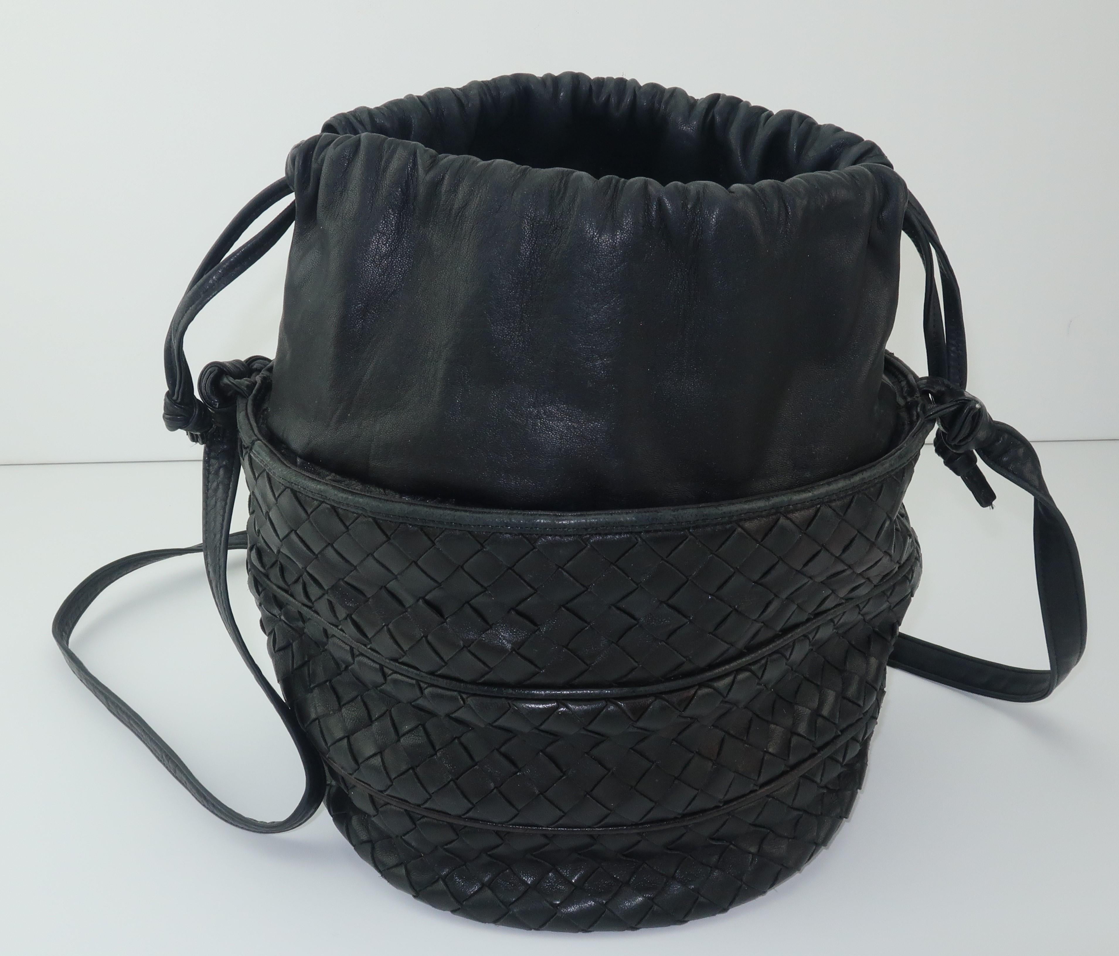 Vintage Bottega Veneta Black Intrecciato Bucket Handbag 1