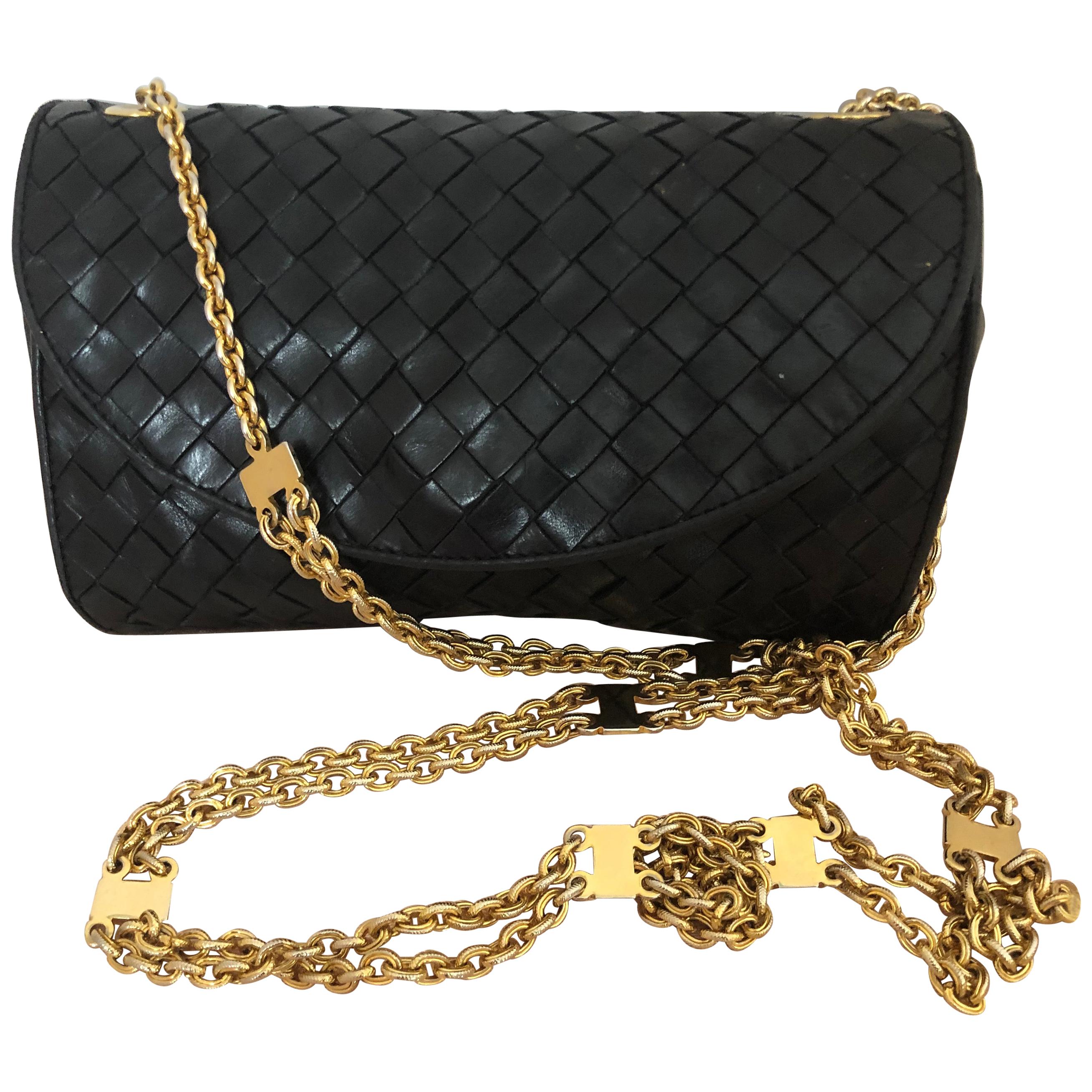 Vintage Bottega Veneta Black Intrecciato Handbag with Chain Strap