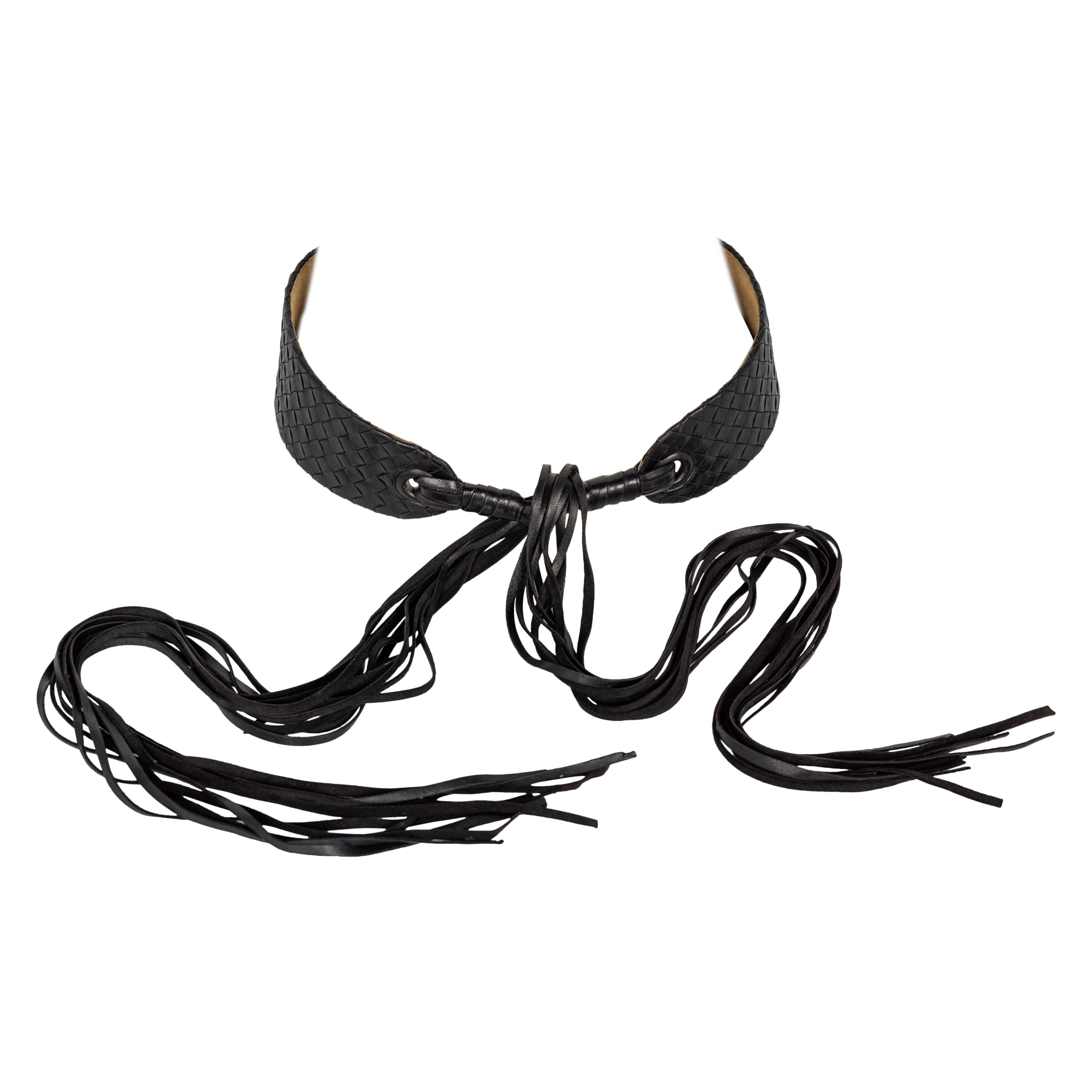 Vintage Bottega Veneta Ceinture à franges en cuir Intrecciato noir