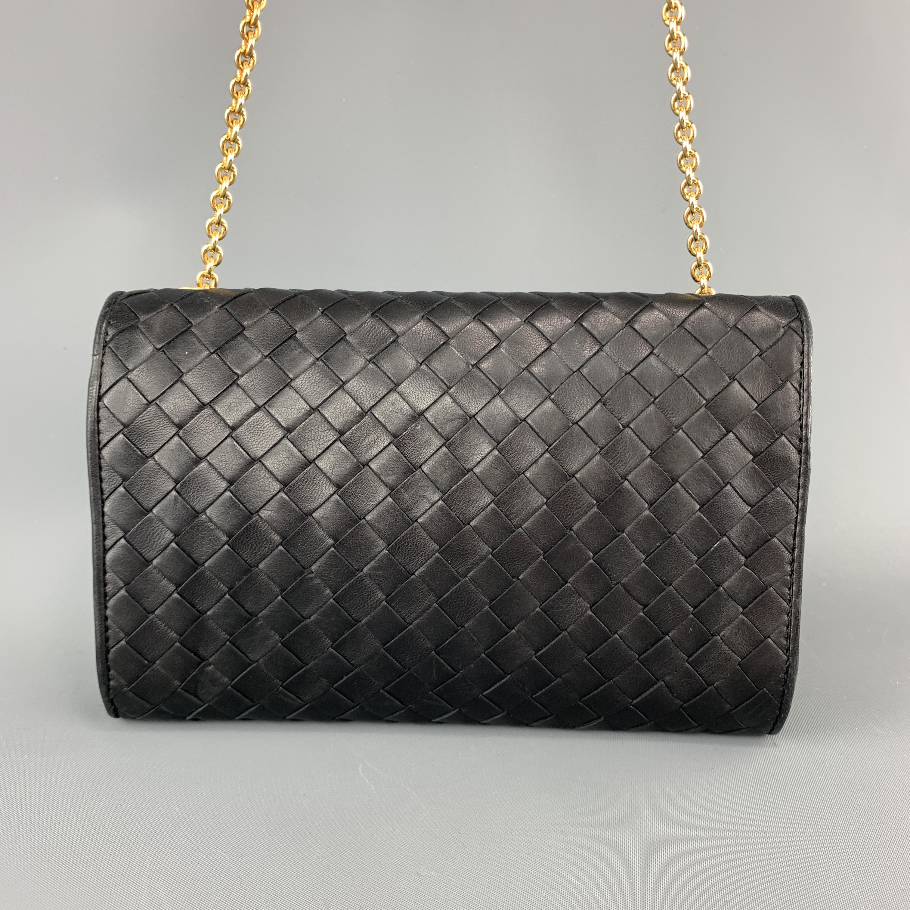 Women's Vintage BOTTEGA VENETA Black Intrecciato Woven Leather Chain Strap Bag