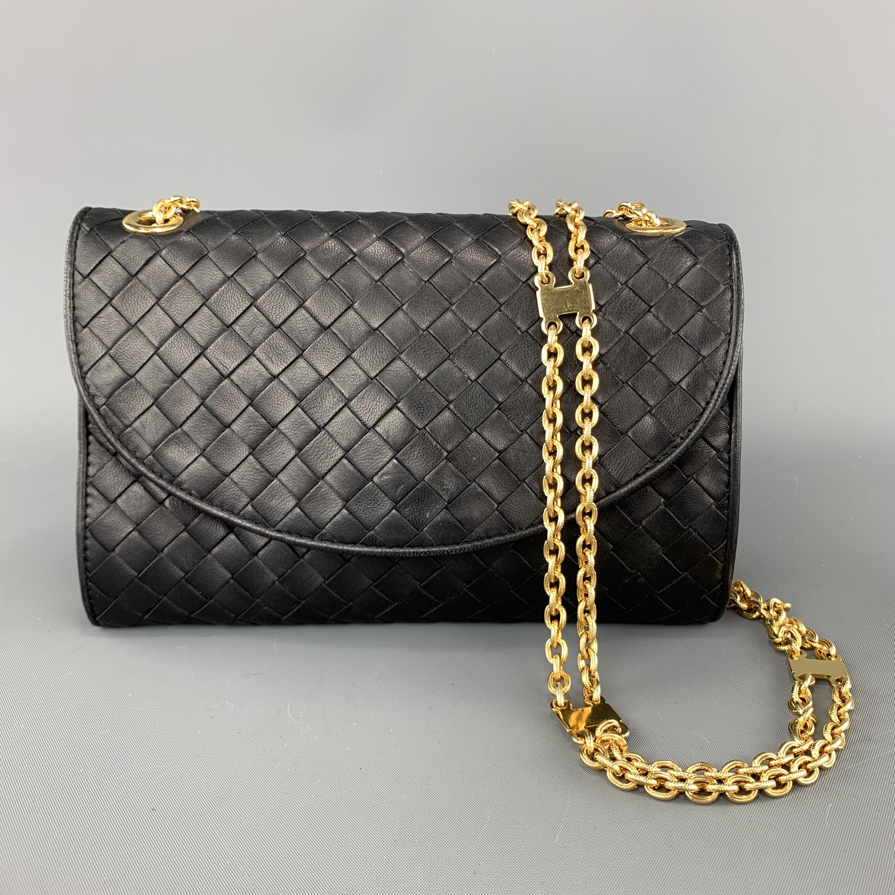 Vintage BOTTEGA VENETA Black Intrecciato Woven Leather Chain Strap Bag 2