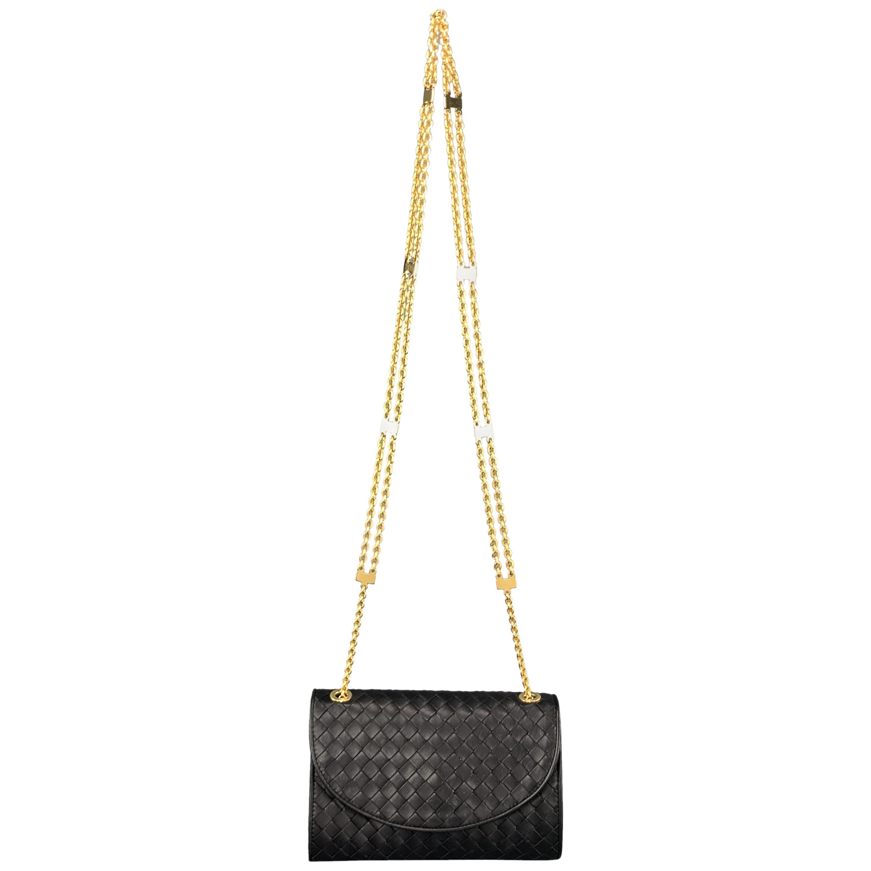 Vintage BOTTEGA VENETA Black Intrecciato Woven Leather Chain Strap Bag