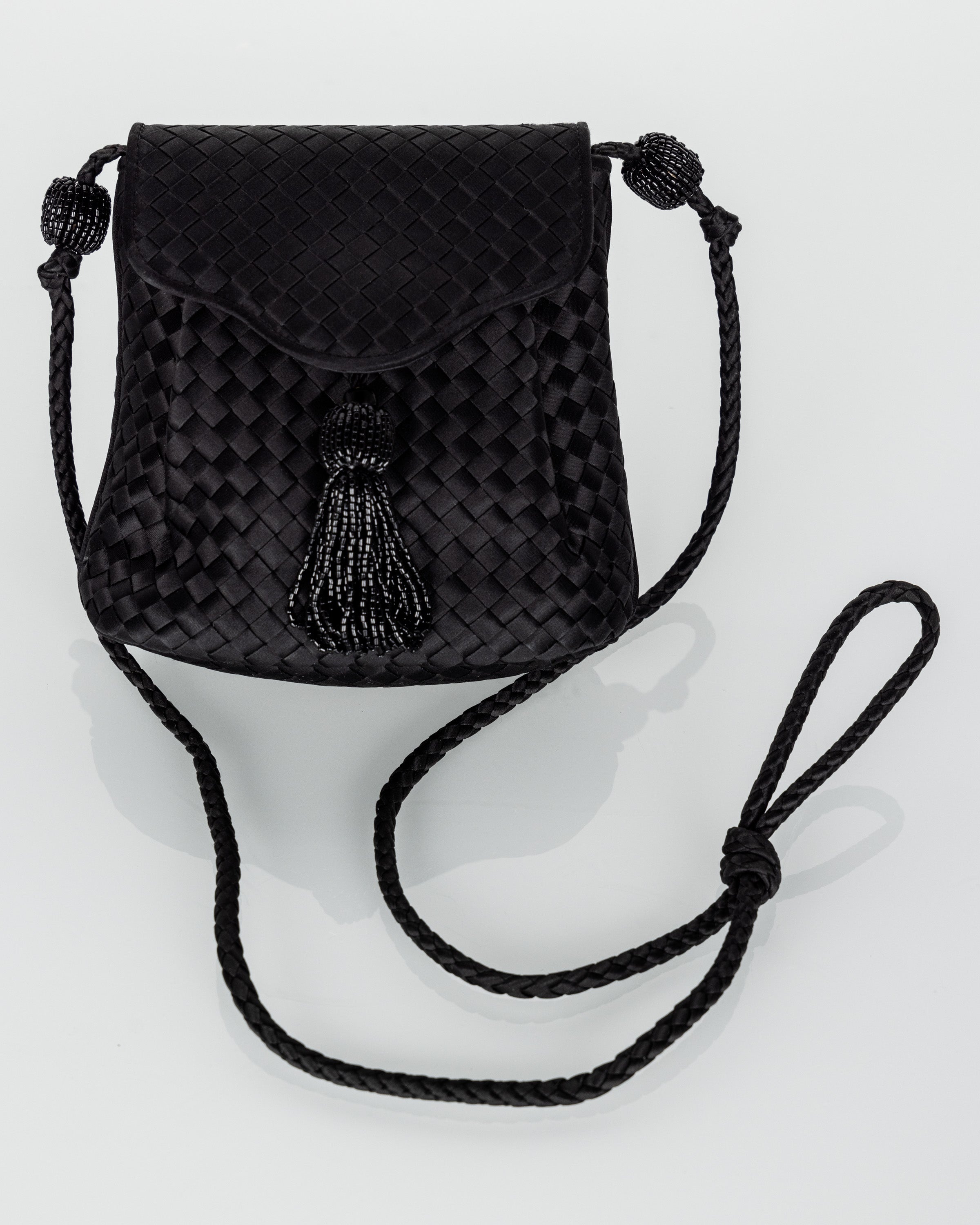 Vintage Bottega Veneta Black Satin Intrecciato Bag with Black Beaded Tassel In Excellent Condition For Sale In Boca Raton, FL
