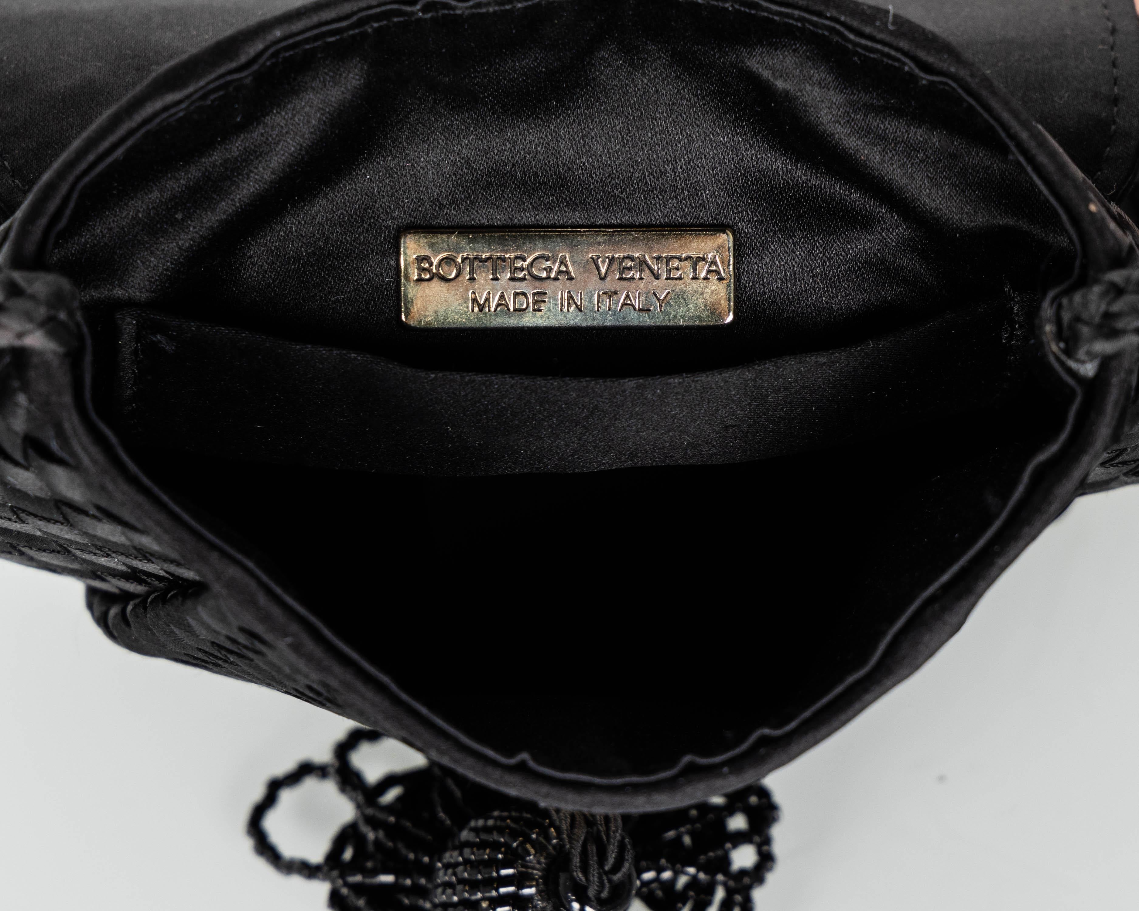  Vintage Bottega Veneta Black Satin Intrecciato Bag with Black Beaded Tassel For Sale 1