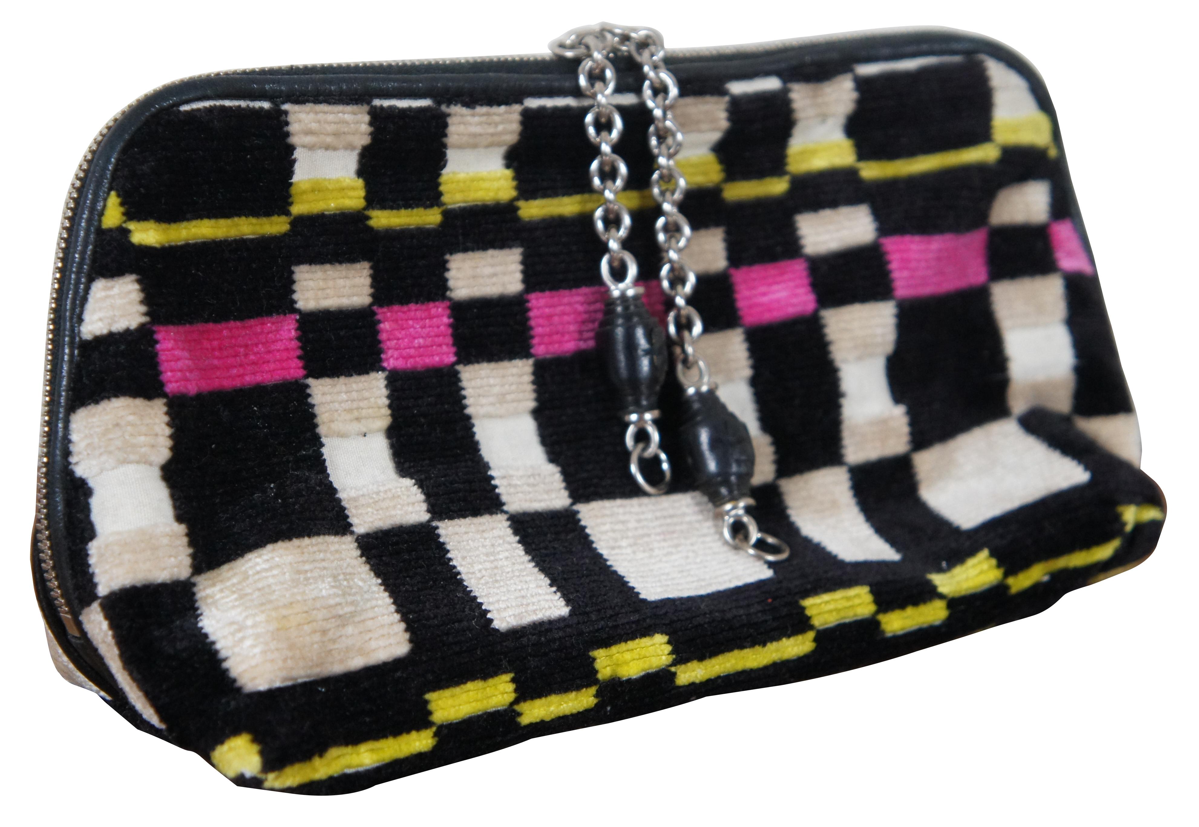 Vintage Bottega Veneta zippered cosmetic / toiletry / makeup / beauty bag or clutch, made in Italy. Features black, white, yellow and pink checkered corduroy velvet with leather trimming. Measures: 9