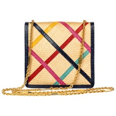 Vintage Bottega Veneta Multicolered Lizard Raffia Gold Chain Bag