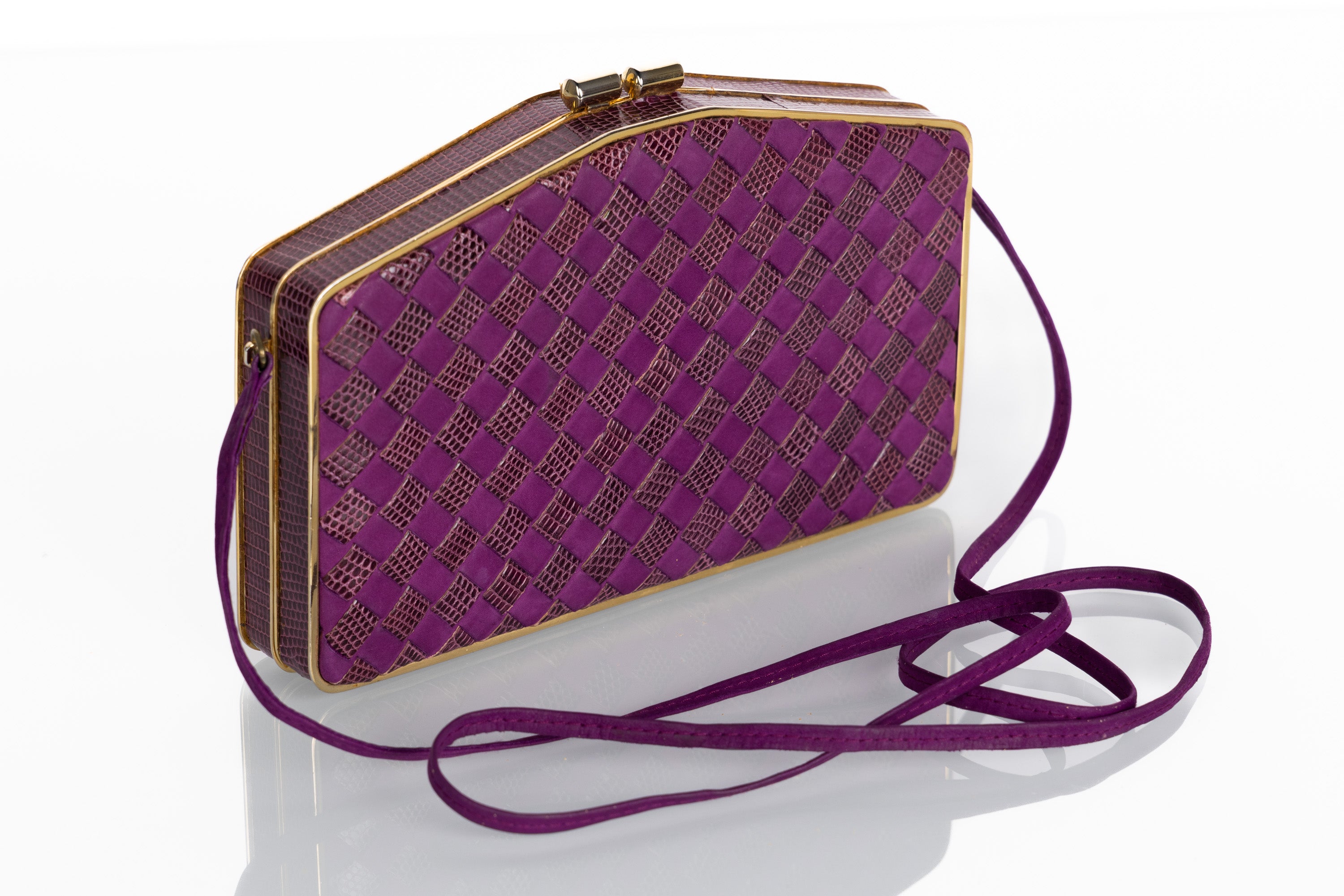Vintage Bottega Veneta Purple Suede & Lizard Intrecciato Convertible Clutch Bag  In Excellent Condition For Sale In Boca Raton, FL