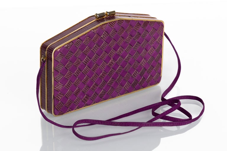 Vintage Bottega Veneta Purple Suede & Lizard Intrecciato Convertible Clutch Bag  For Sale 2