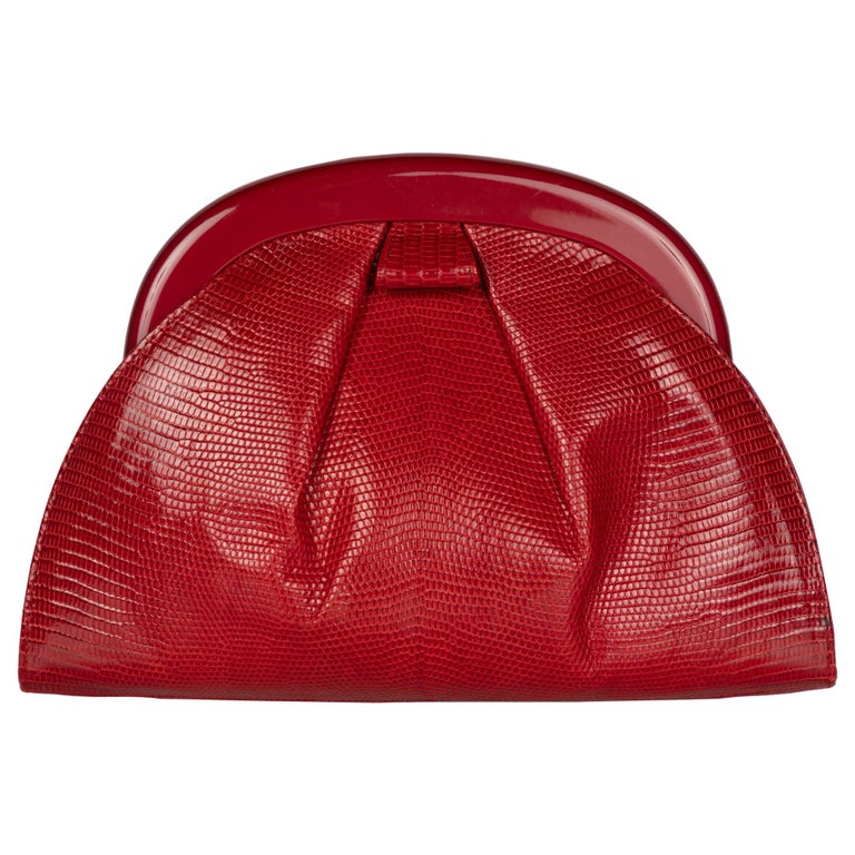 Vintage Bottega Veneta Red Karung Lucite Frame Clutch Bag For Sale at  1stDibs