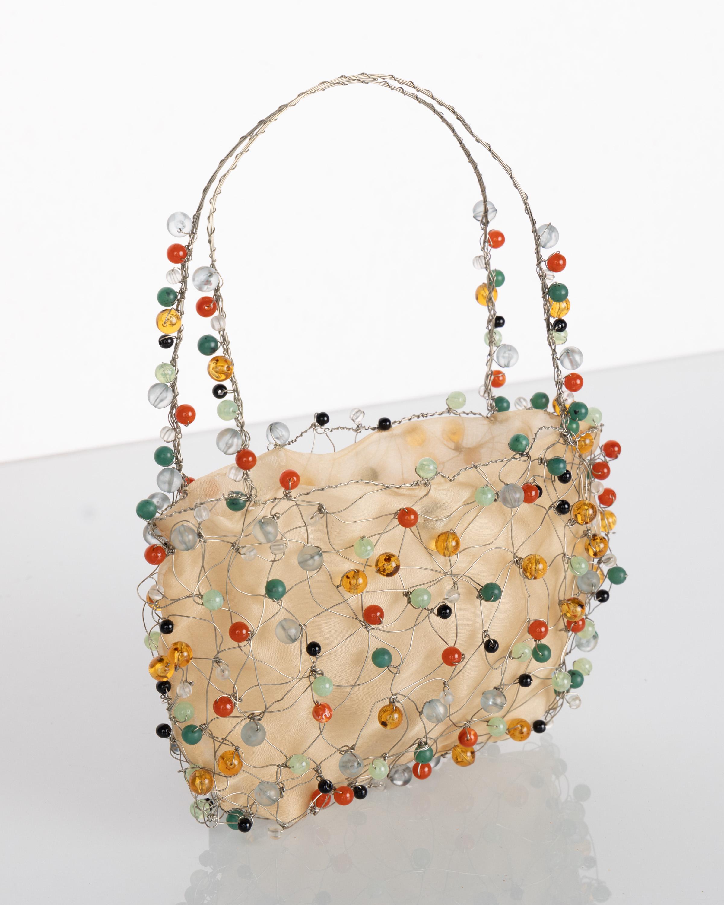Beige Vintage Bottega Veneta Sculptural Beaded Organza Bag For Sale