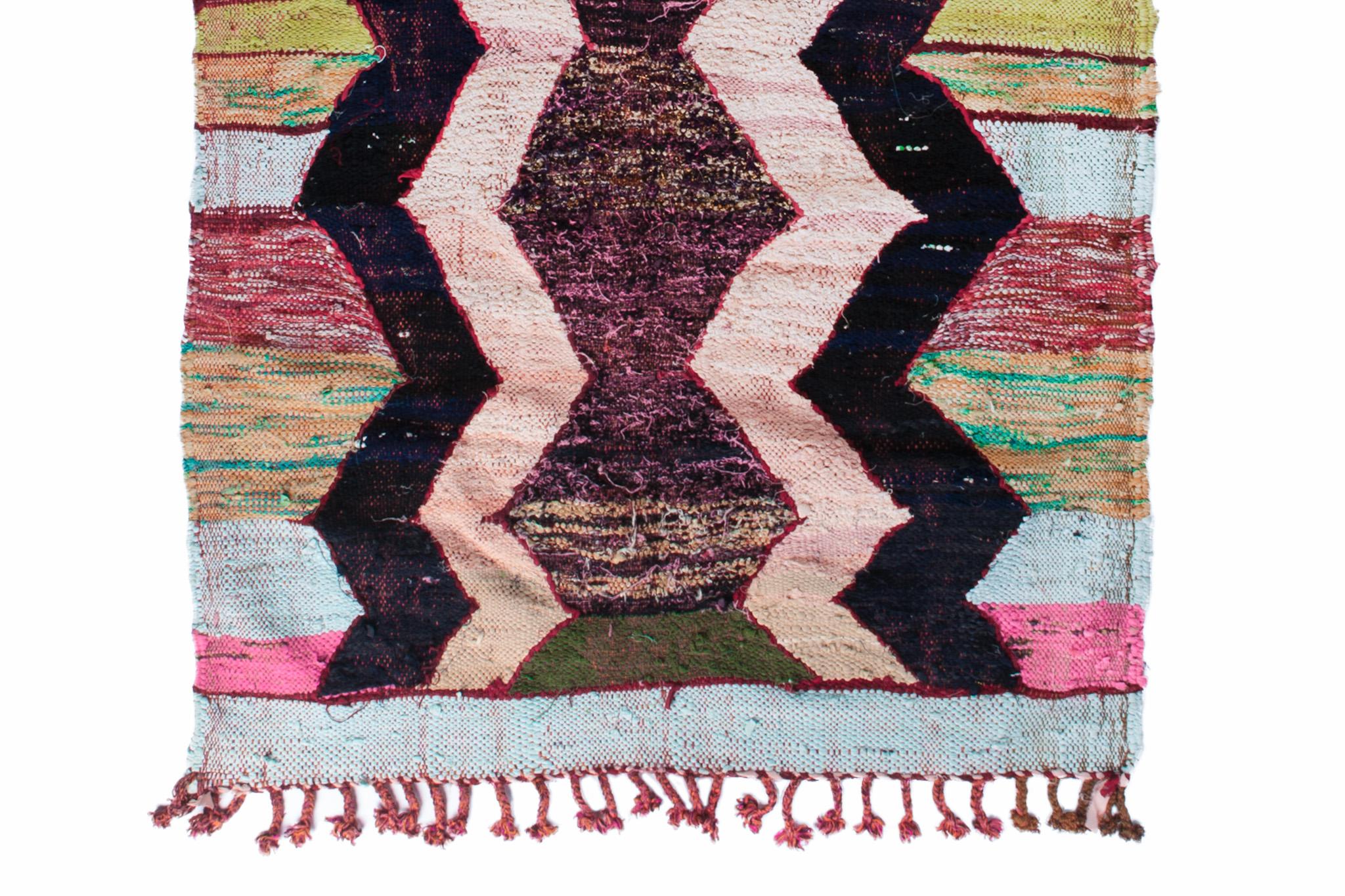 Bohemian Vintage Moroccan Boucharouite rug 1980's, Recycled Diamond Pattern Rug In Stock For Sale