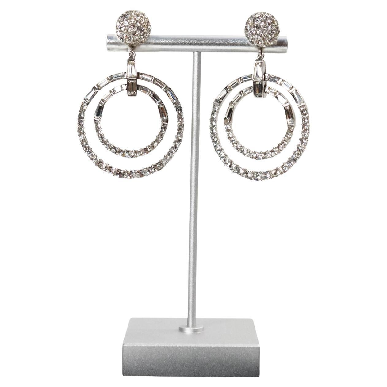 Vintage Boucher Double Hoop Earrings Circa 1960s.  These Double Hoop Earrings are made up of Pave and Baguette alternating parts.  They are Front facing and one is inside the other to create and even more interesting look.  These can go from day to