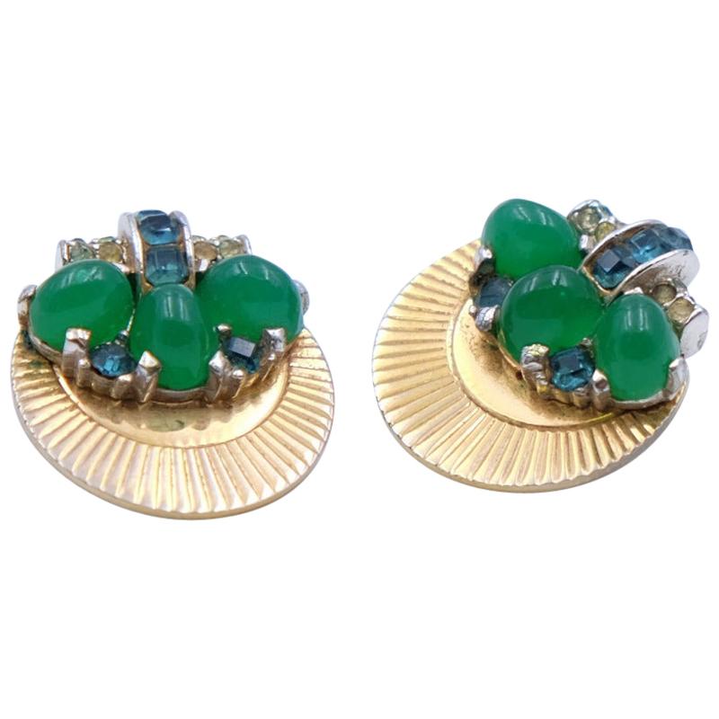 Vintage Boucher Earrings with green glass 1950s For Sale