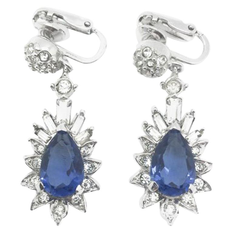 Vintage Boucher Faux Sapphire & Diamond Drop Earrings 1950s For Sale