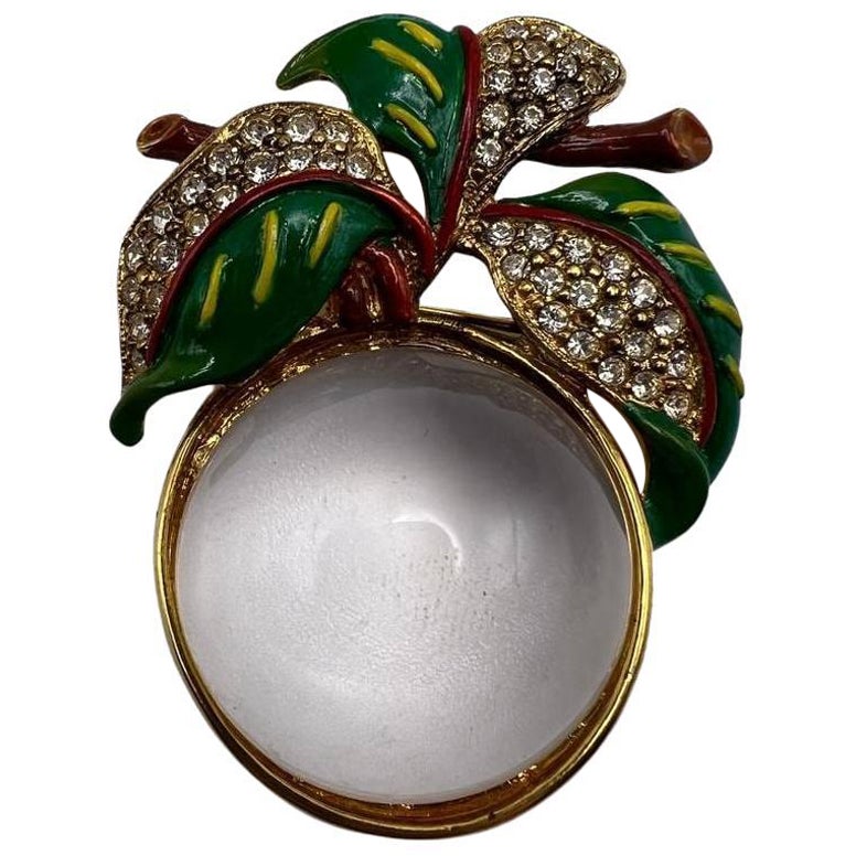 Spilla vintage Boucher Jelly Belly foglie smalto strass, anni '80