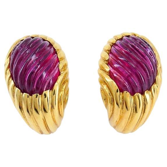Vintage Boucheron 18k Gold Carved Pink Tourmaline Clip Earrings