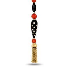 Vintage Boucheron 18KYG Coral, Onyx, Black Enamel and Diamond Sautoir Necklace