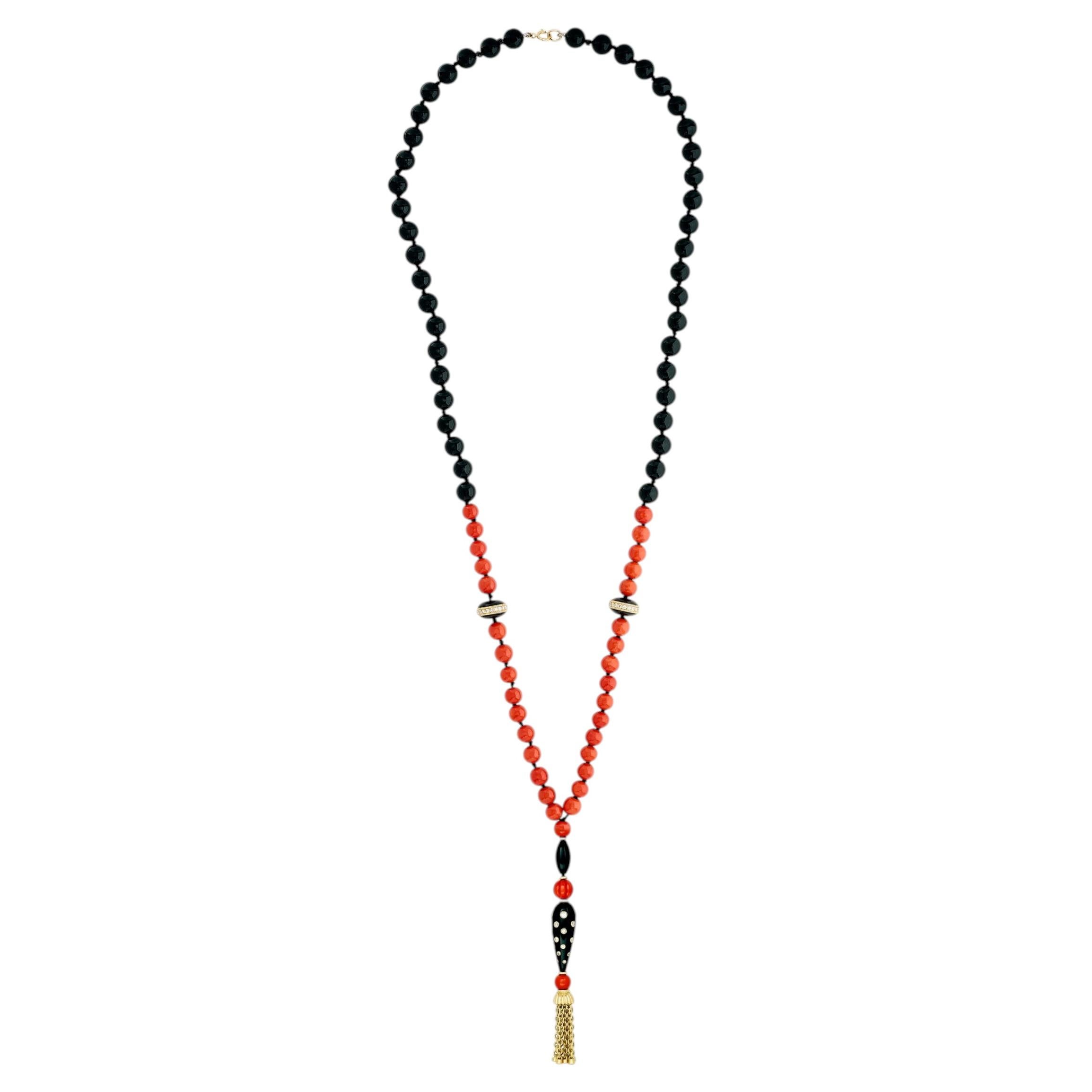 Pre-owned Boucheron Vintage  18kyg Coral, Onyx, Black Enamel And Diamond Sautoir Necklace