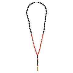 Vintage Boucheron 18KYG Coral, Onyx, Black Enamel and Diamond Sautoir Necklace