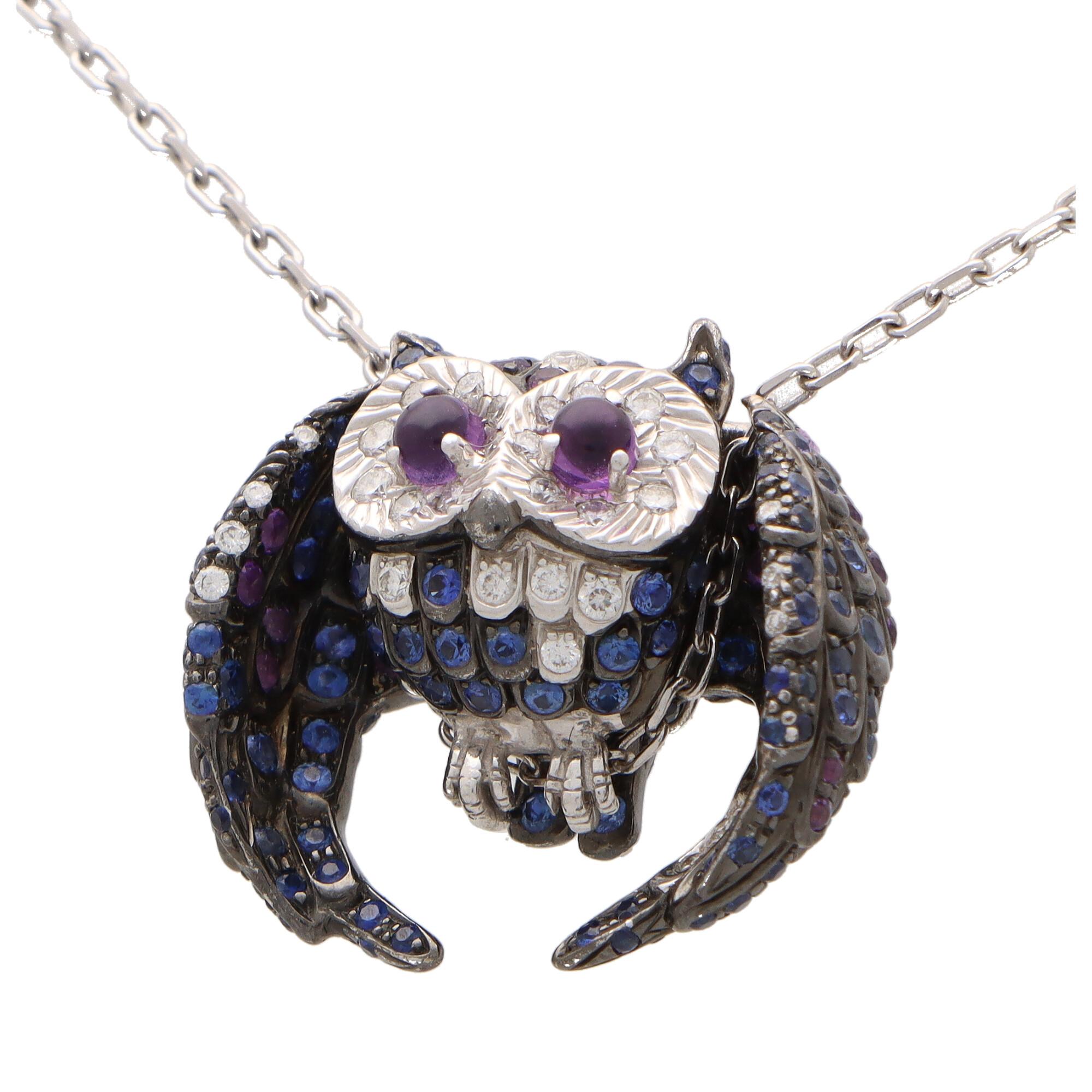 Modern Vintage Boucheron Amethyst, Sapphire and Diamond Owl Necklace