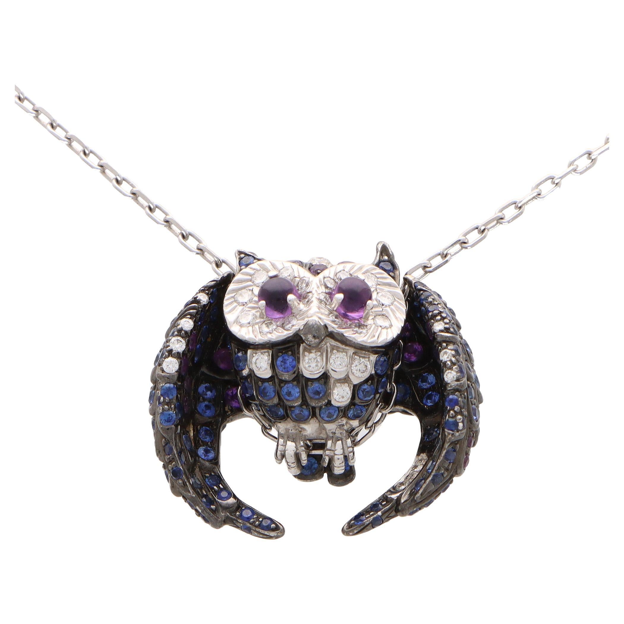 Vintage Boucheron Amethyst, Sapphire and Diamond Owl Necklace