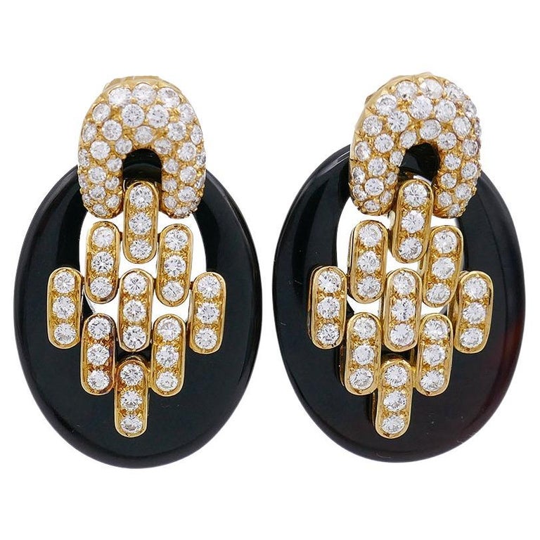 Vintage Boucheron Earrings 18k Gold Diamond Onyx Estate Jewelry For Sale