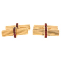 Vintage Boucheron French 18K Yellow Gold Channel Ruby Grooved Cylinder Cufflinks