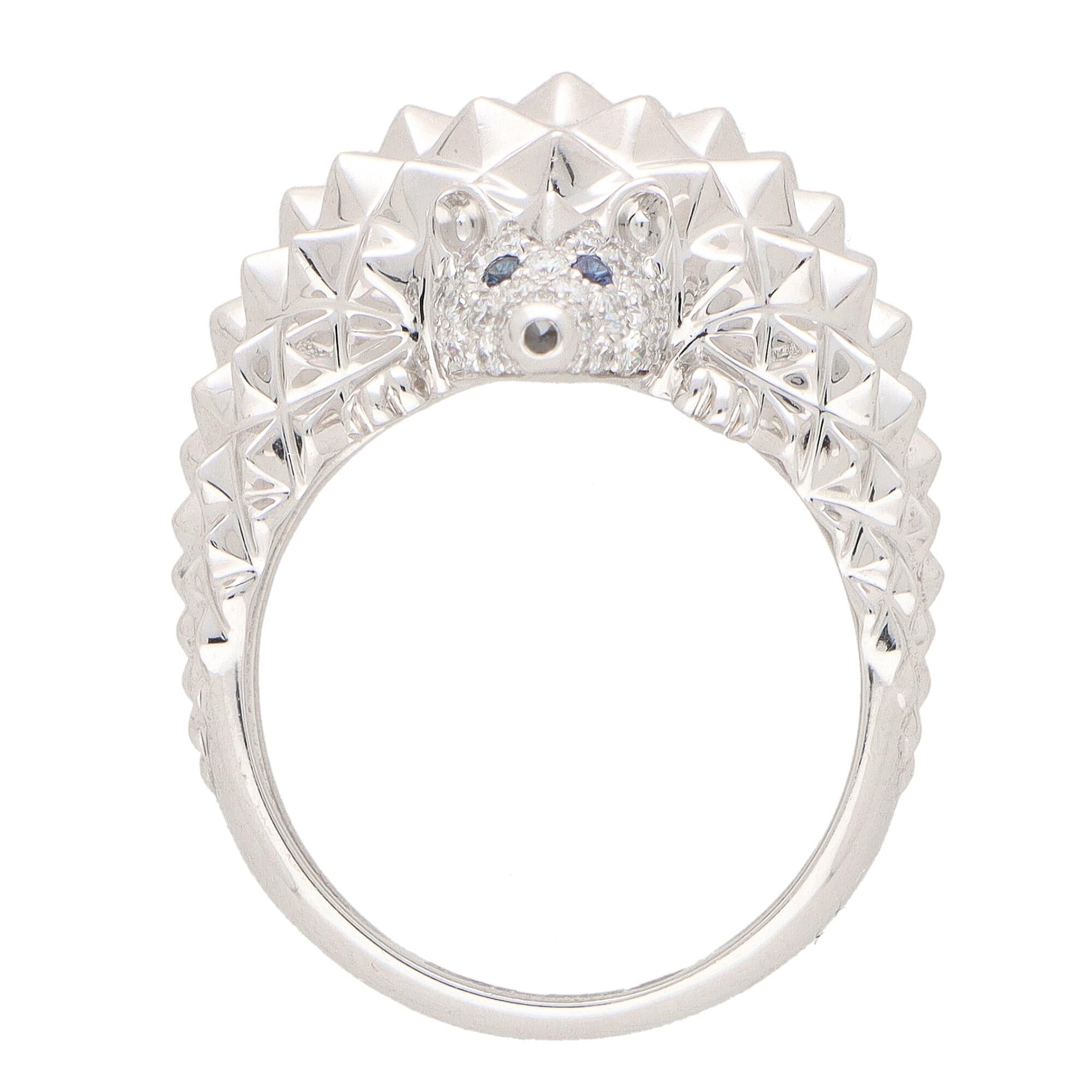 A unique vintage Boucheron diamond and sapphire ‘Hans the Hedgehog’ bombe ring set in 18k white gold.

From the current ‘Hans the Hedgehog’ collection, the ring is composed of a charming little hedgehog which sits perfectly on the finger. The