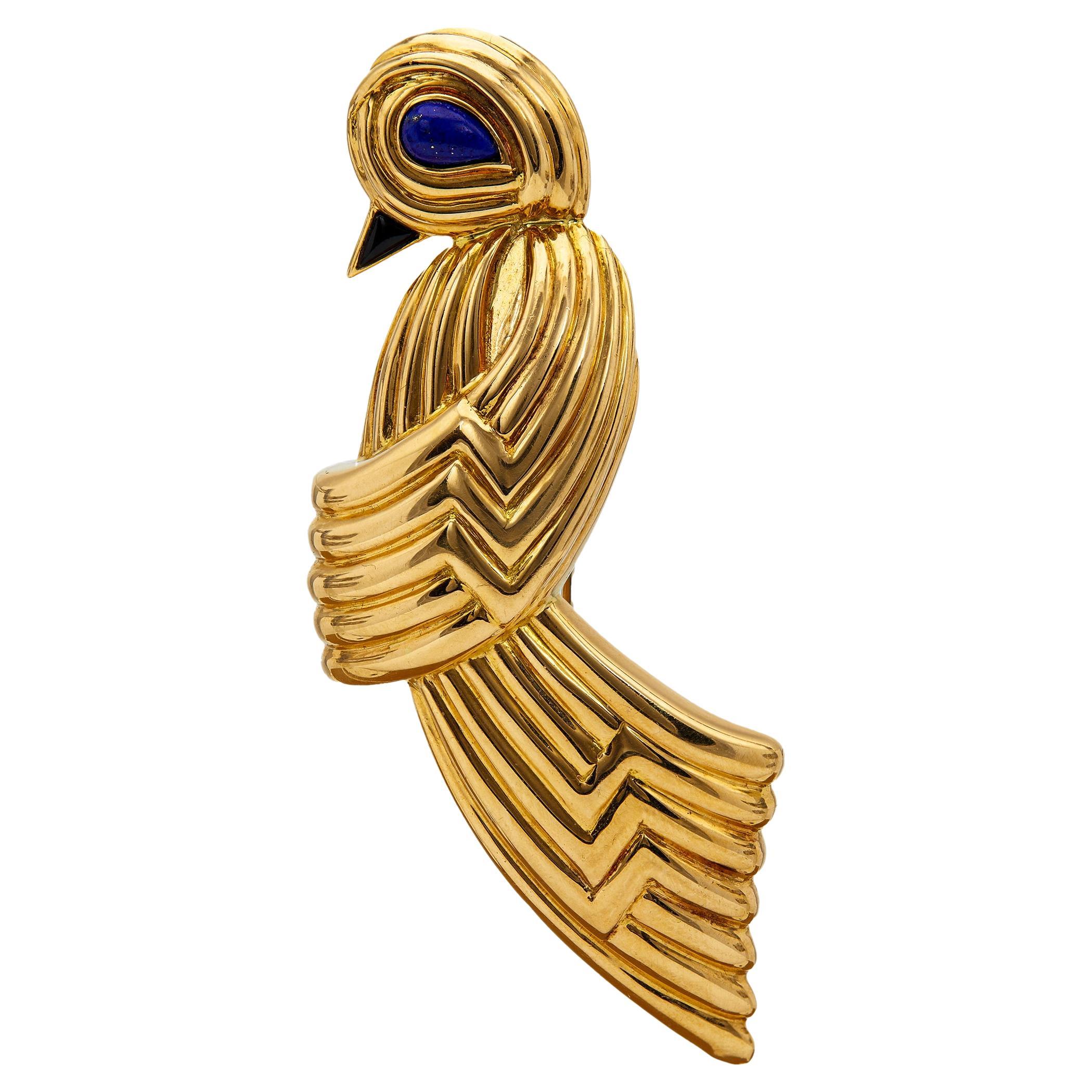 Vintage Boucheron Lapis and Onyx 18k Yellow Gold Bird Brooch For Sale
