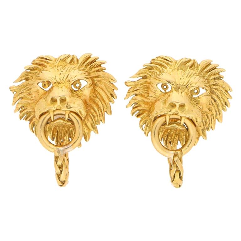 Vintage Boucheron Lion Door Knocker Cufflinks Set in 18k Yellow Gold