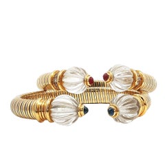 Vintage Boucheron Pair of Rock Crystal Sapphire Ruby Diamond 18K Bangle Cuff
