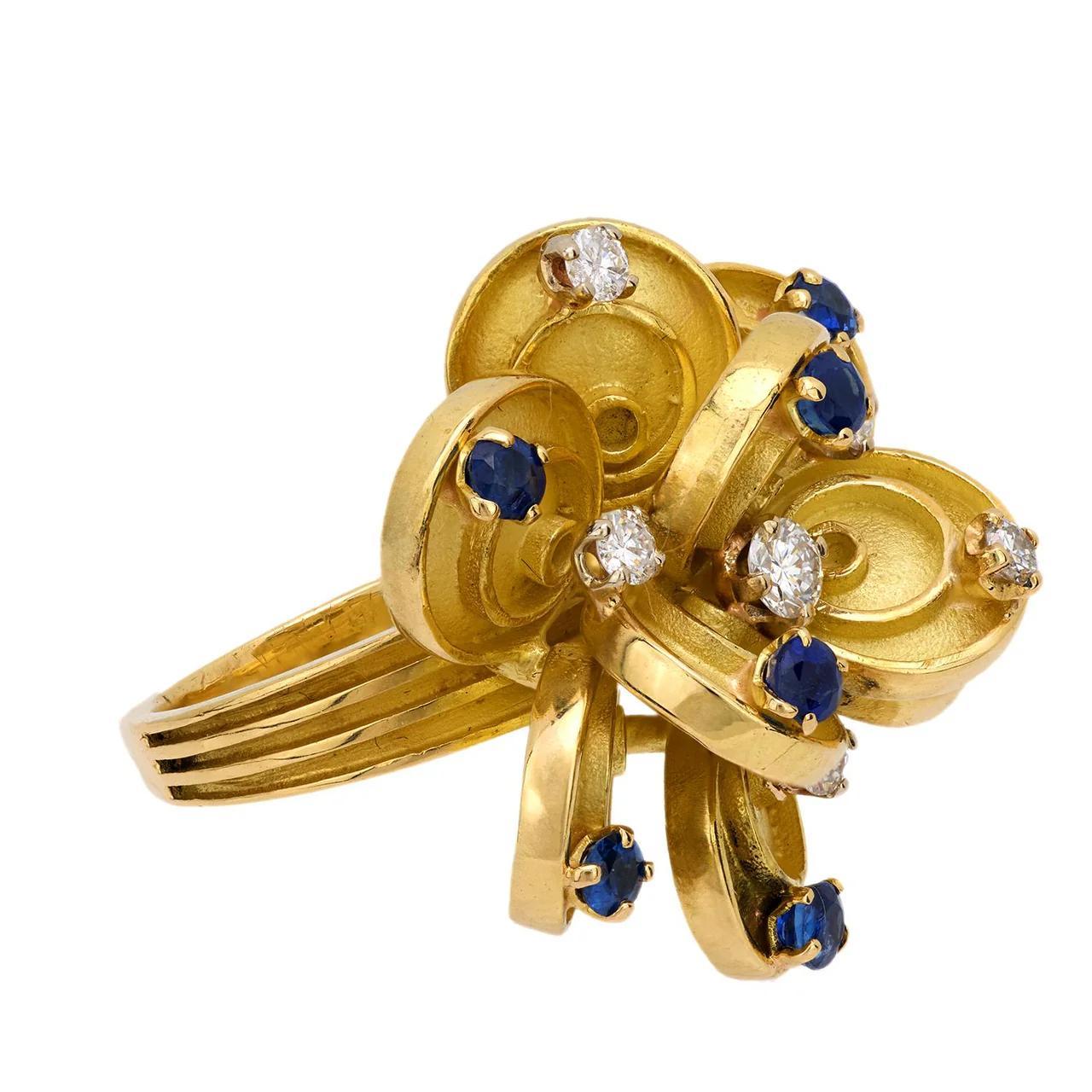 Vintage Boucheron Paris 18K Gold Diamonds Sapphire Flower Ring For Sale 9