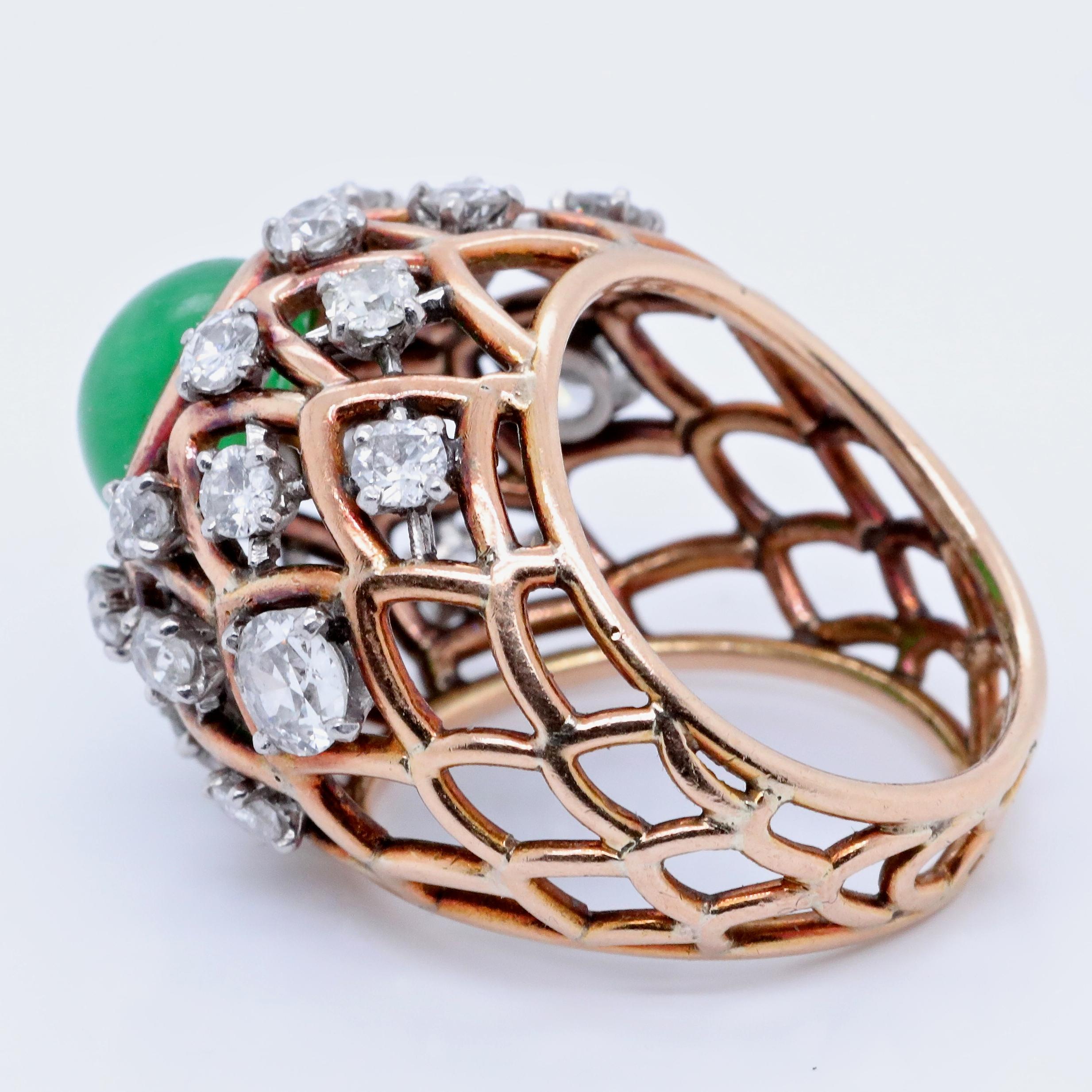 You are making a chic and confident statement as you walk into the room wearing this Vintage Boucheron Paris Diamond Jadeite 18k Gold Bombé Ring. One of a kind and desirable, this Boucheron ring features 22 Old European Cut diamonds, approximately