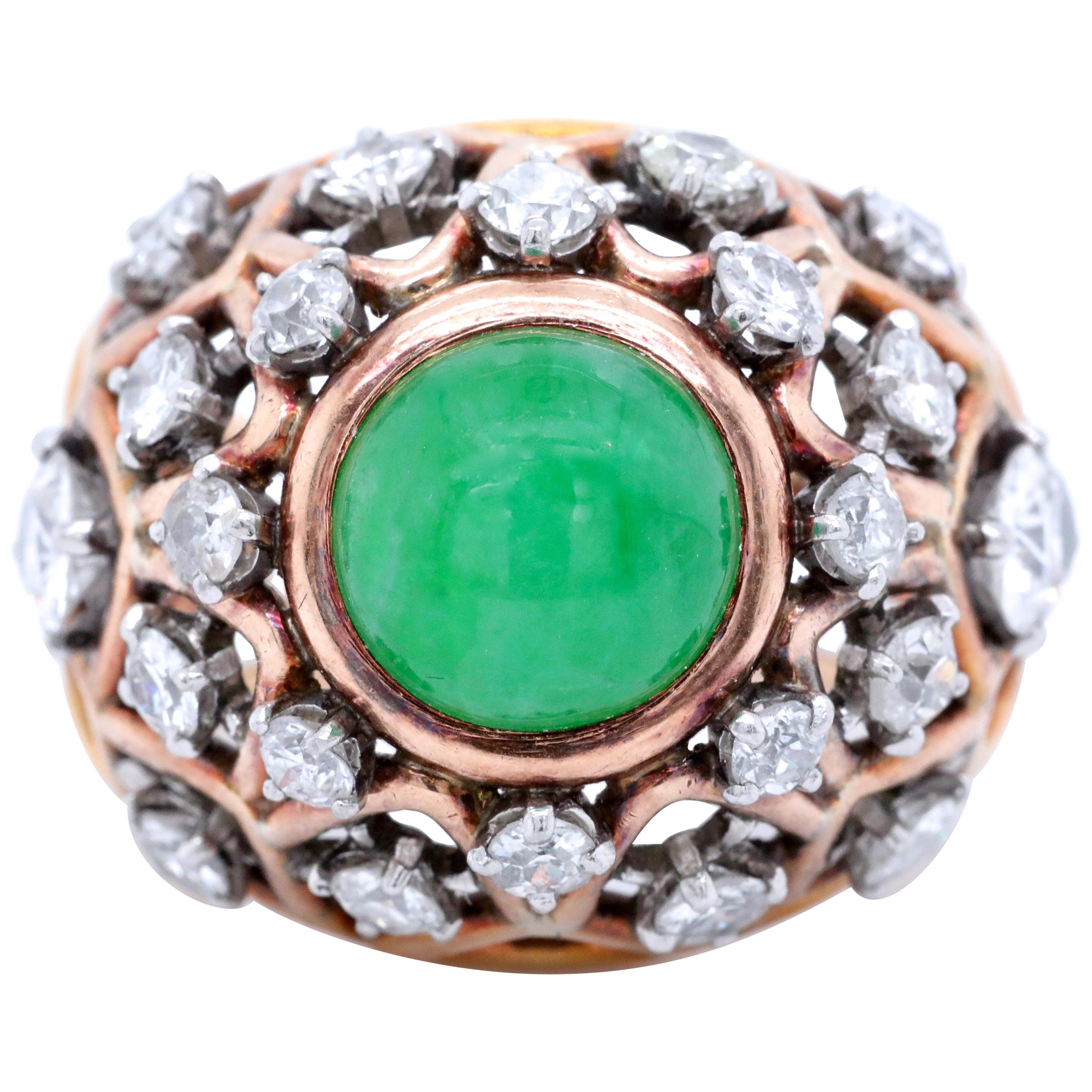 Vintage Boucheron Paris Diamond Jadeite 18 Karat Gold Bombé Ring