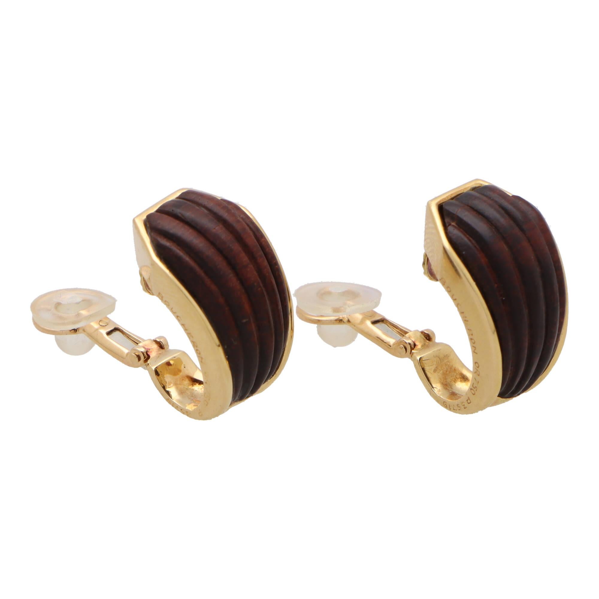 Retro Vintage Boucheron Wood Earrings Set in 18k Yellow Gold For Sale