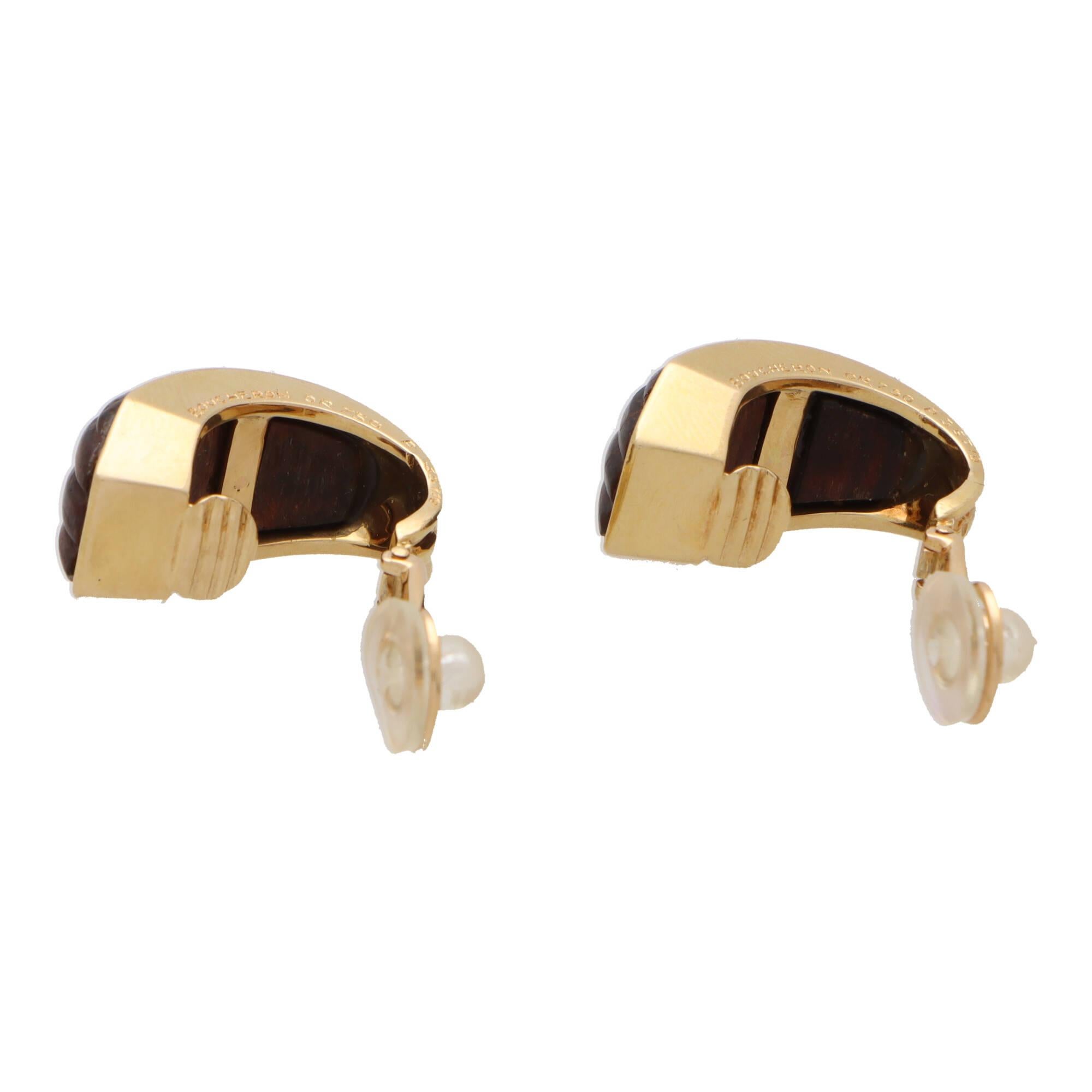 Women's or Men's Vintage Boucheron Wood Earrings Set in 18k Yellow Gold For Sale