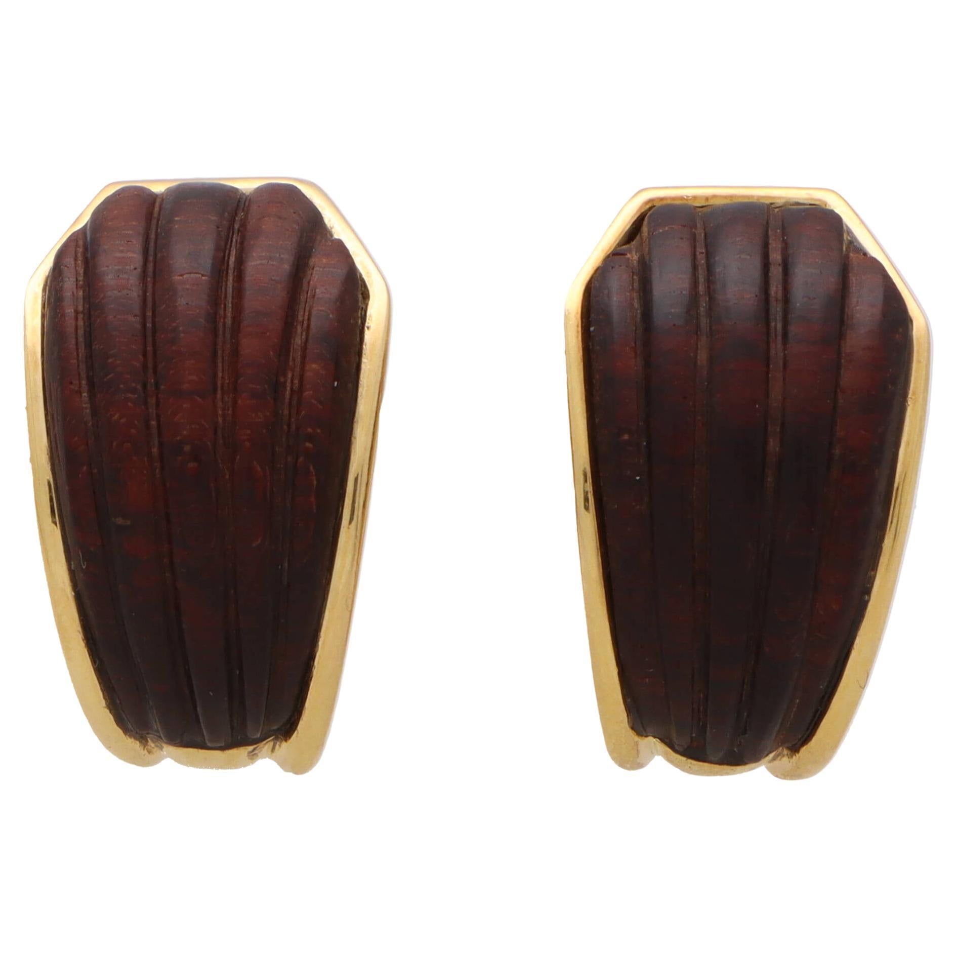 Vintage Boucheron Wood Earrings Set in 18k Yellow Gold For Sale