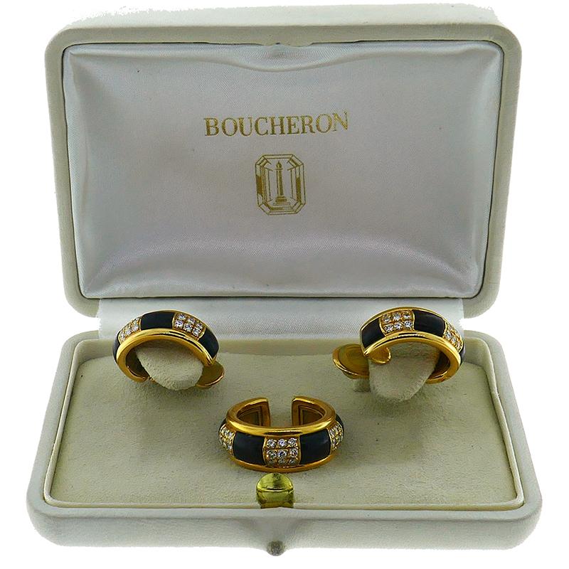 Round Cut Vintage Boucheron Wood Ring Earrings Set 18k Gold Estate Jewelry