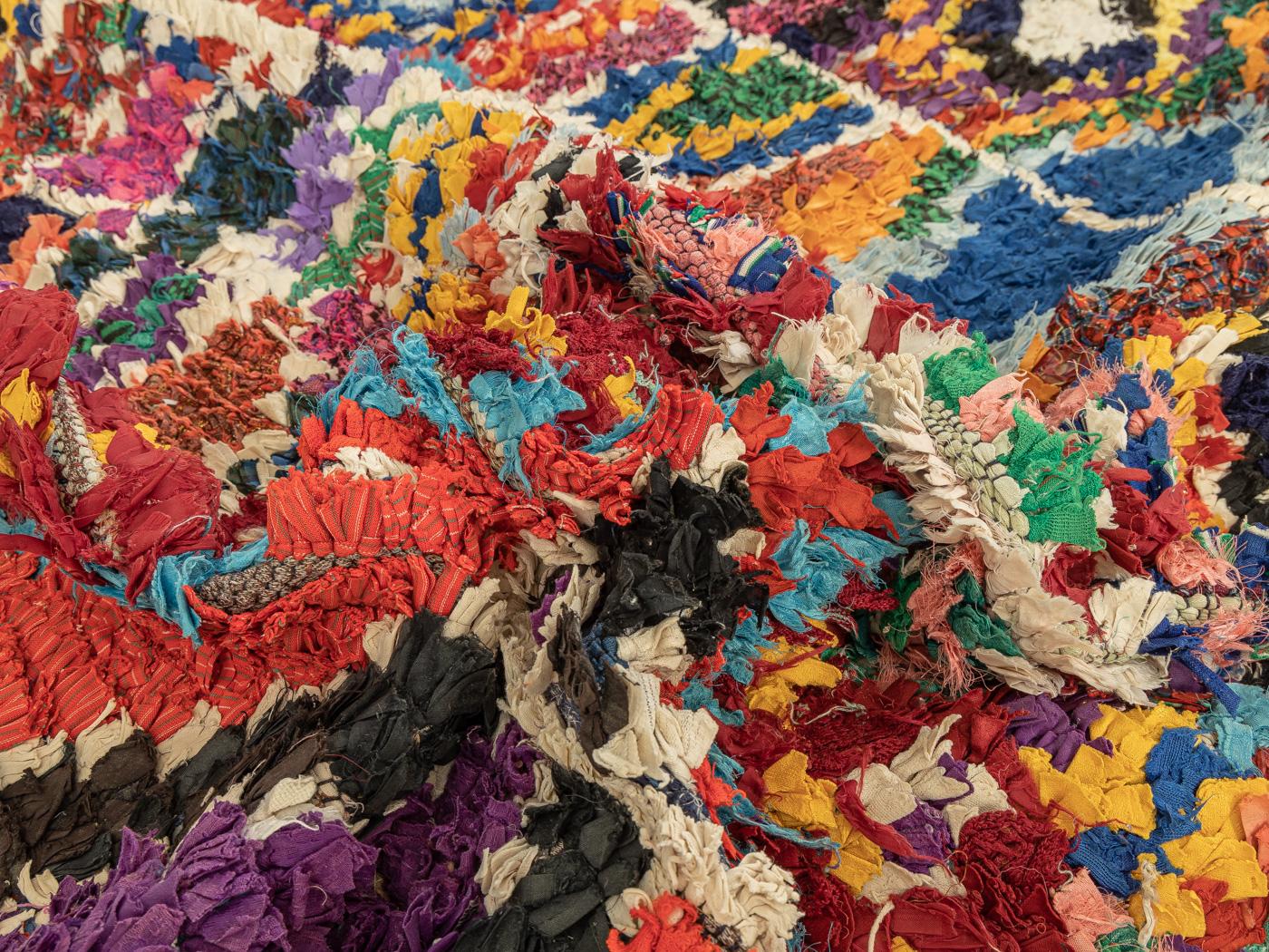 Hand-Crafted Upcycled Vintage Boucherouite artistic sustainable Berber Rug Area of Ourika For Sale